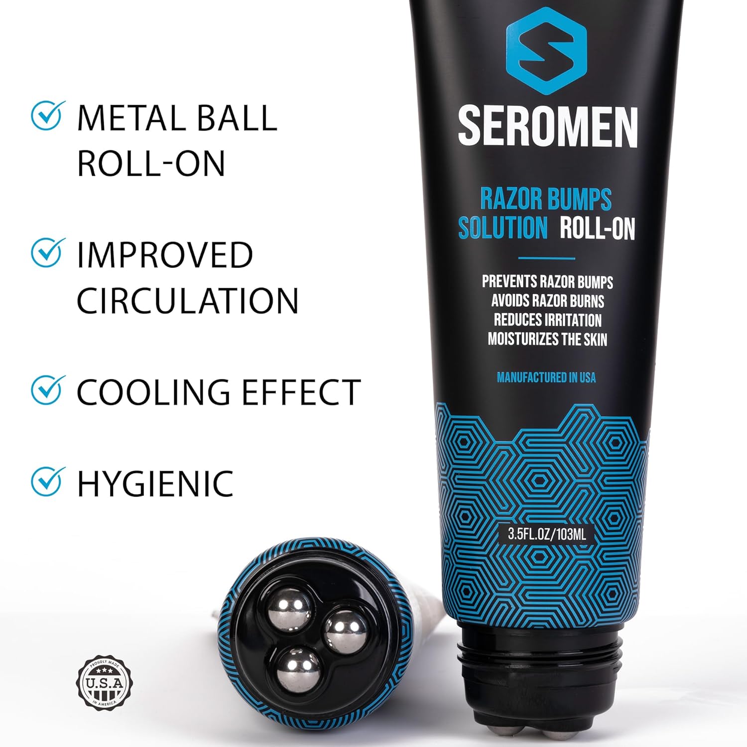 Seromen Razor Bump Treatment for Men – 3.5 fl oz Roll-On Serum for Face and Body Ingrown Hair and Razor Burn Solution, Soothes Skin, Calms Irritation, Made in USA - Image 2