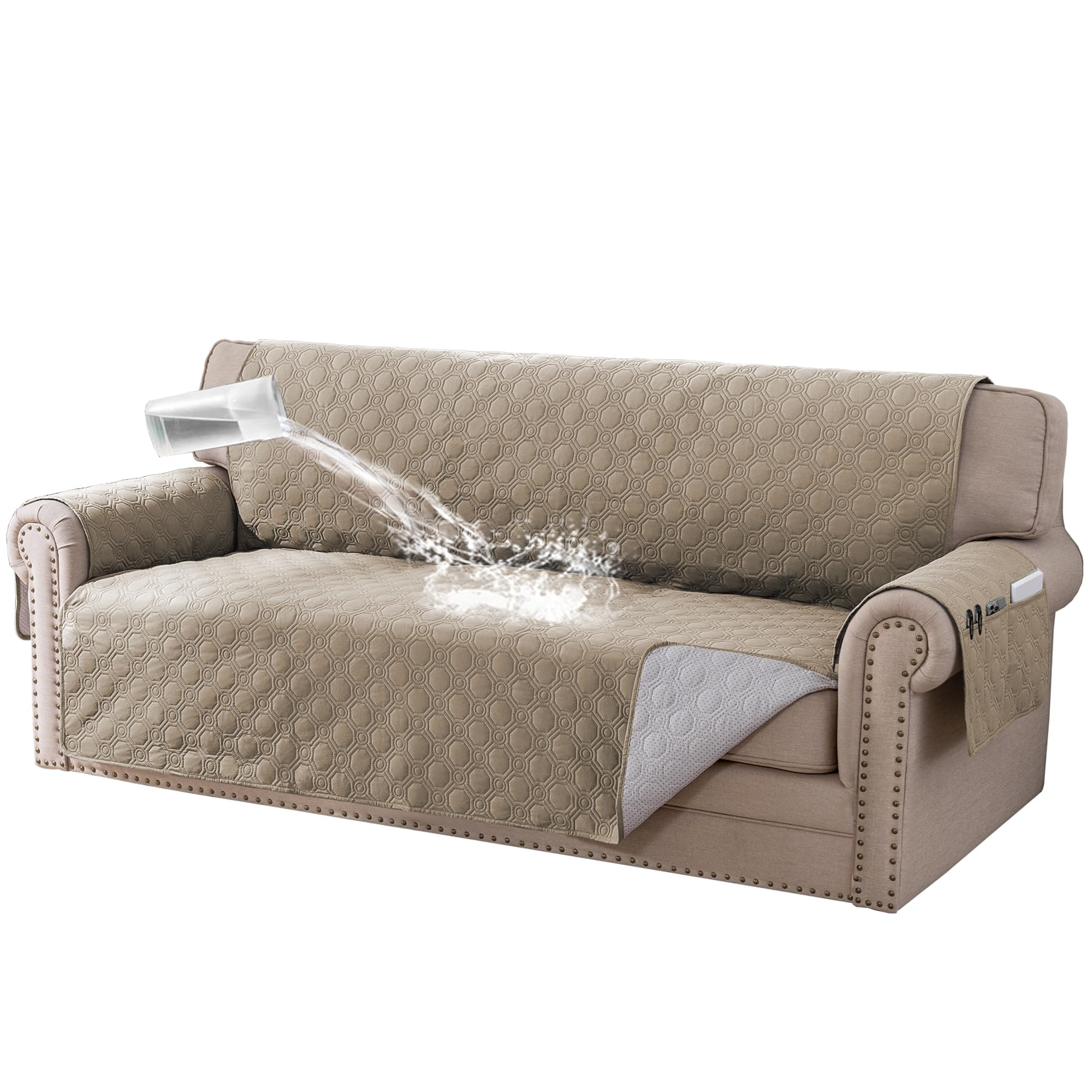 Bellahills Taupe Sofa Cover 3 Seater 100% Waterproof Sofa Covers Non-Slip Sofa Slipcovers Couch Covers Washable With Elastic Strap Sofa Protectors From Pets Seat Width 68"(3 Seater, )
