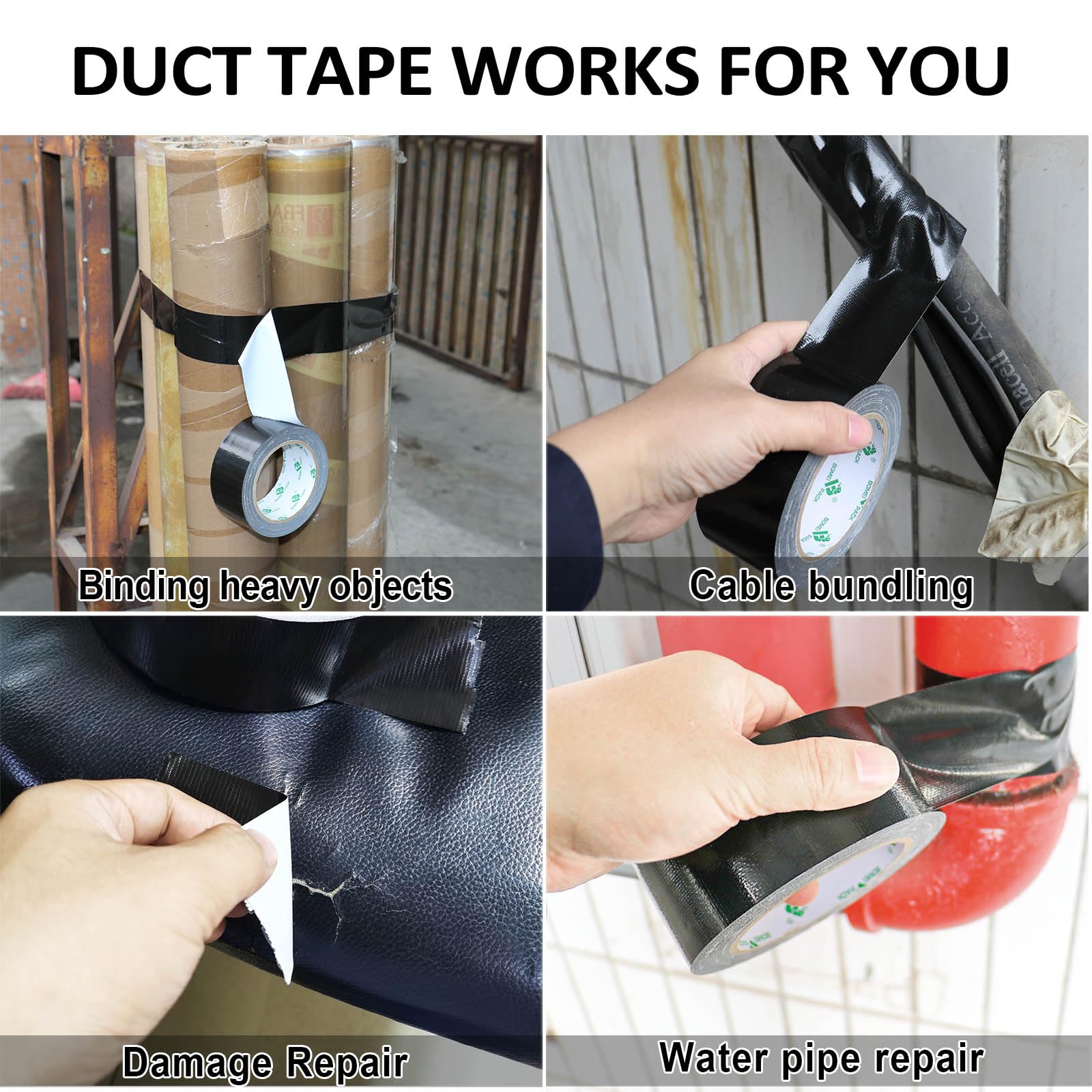 BOMEI PACK Cinta adhesiva de tela negra, 12 rollos de 48 mm x 30 yardas, cinta adhesiva reforzada resistente al agua para fijar reparaciones, cajas de etiquetado de manualidades, sellado y flejes para