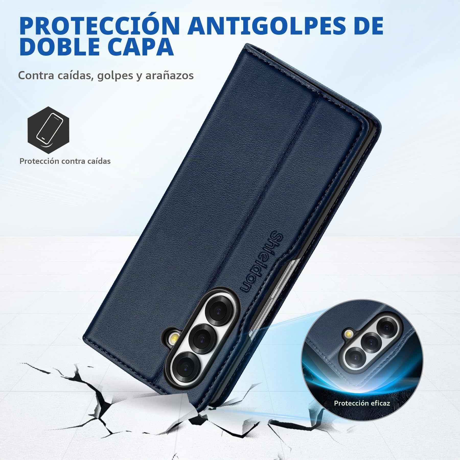 SHIELDON Funda de Cuero Genuino para Galaxy Z Fold7 8,0" 2025, Azul Marino