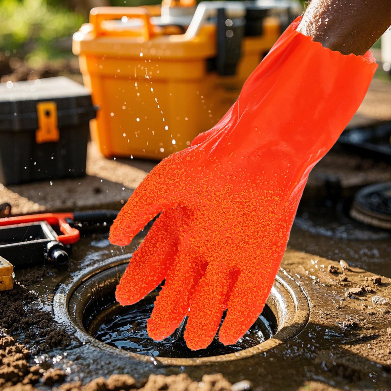 6 Pares de Guantes Largos de Limpieza para Fontanería, Resistentes Abrasión Prueba de Agua, de Goma Naranja para Sistemas de Drenaje Domésticos y Comerciales
