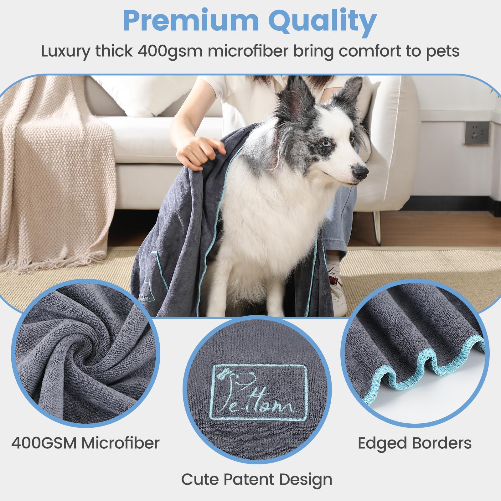 PETTOM 2 sztuki Ręcznik do suszenia dla psa z kieszenią na rękę 90x50 cm, bardzo chłonne ręczniki z mikrofibry dla psów, szczeniąt i kotów, ręcznik do kąpieli dla zwierząt domowych, można prać w