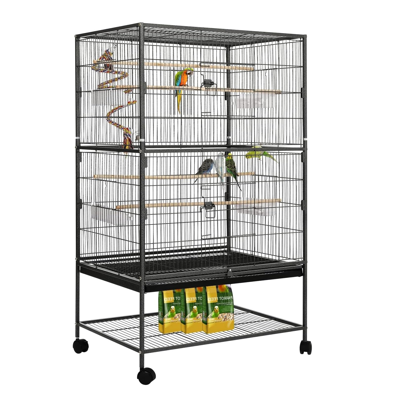 LIFERUN Jaula para Pájaros, Jaula Pajaros Grande con 4PCS Ruedas, 2 Puertas, 4 Comederos, 4 Perchas, Rejilla Extensible, para Loros Canarios Periquitos, Metal Jaula Pajaros, 132 x 78 x 52CM (Negro)