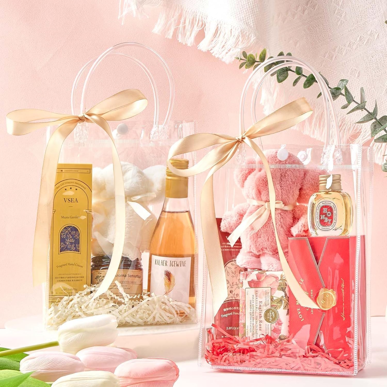 mauproy Paquete de 50 bolsas de regalo de plástico transparente con asas, bolsas de recuerdo de fiesta con cintas y etiquetas, bolsas de regalo reutilizables para bodas, baby shower (6.7 x 9.1 x 2.8