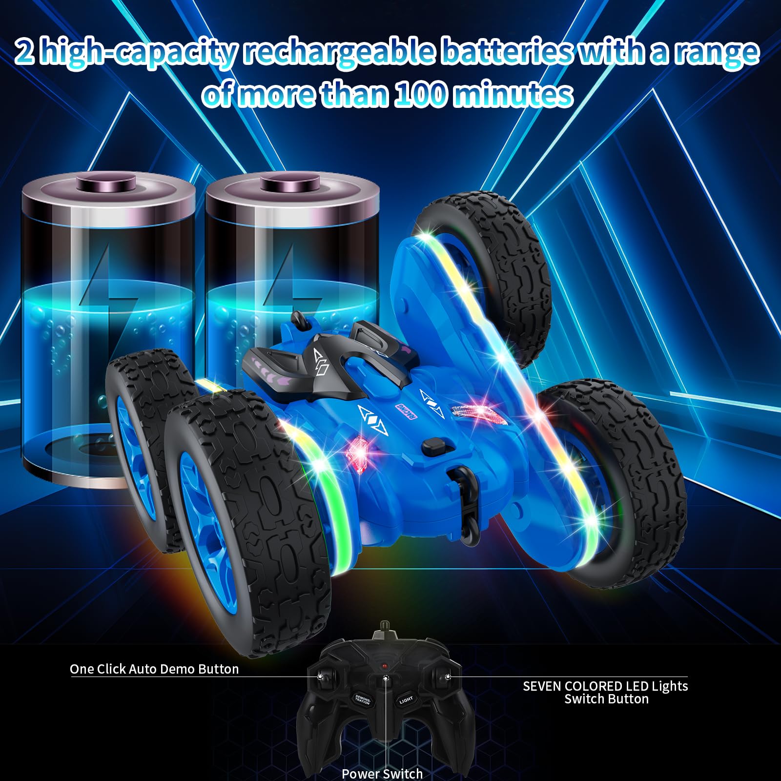AIUNAOM Macchina Telecomandata per Bambini con Luci a Cingolo in Sette Colori 4WD Auto Macchine Radiocomandata 360℃ Rotazione Acrobatica 2.4Ghz RC Stunt Car 3-10 Anni Maschio Regalo di Compleanno