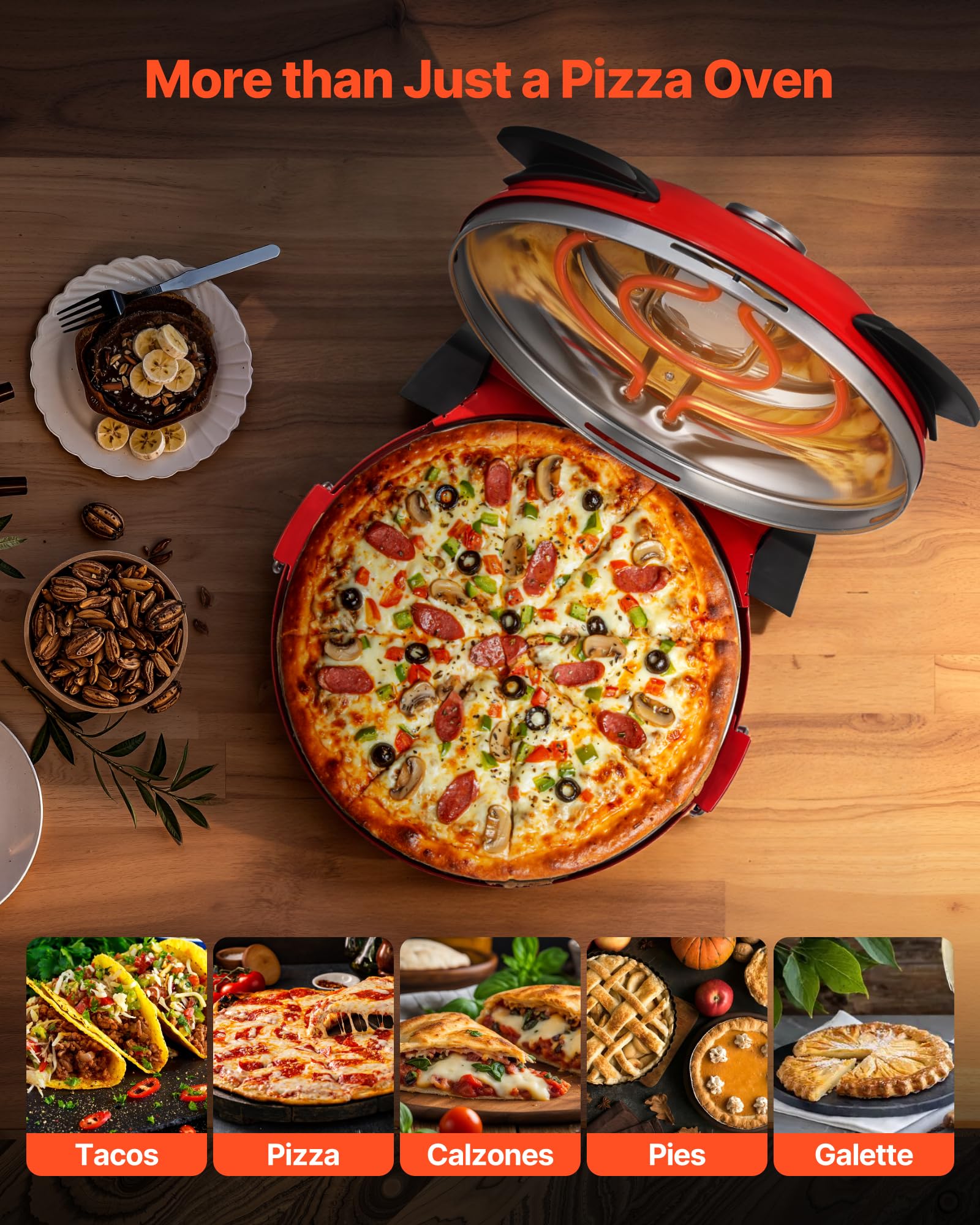 VEVOR Pizzaofen elektrischer Pizzamaker 1200 W Pizzakocher mit Cordieritstein, 5-stufige Temperaturregelung, Sichtfenster für präzises Kochen, erhitzt bis zu 420 °C, Backofen für Zuhause (rot)