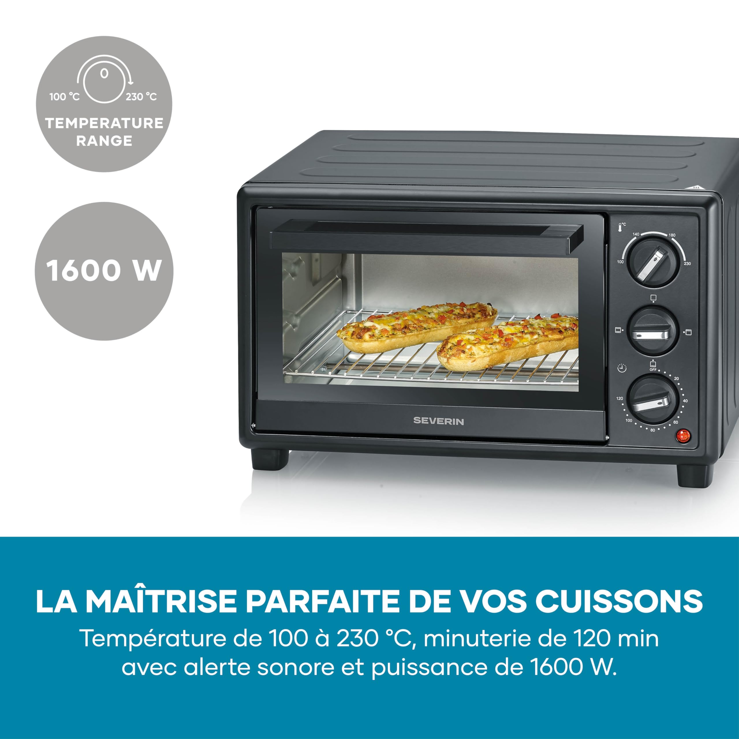 SEVERIN Four posable 20 L, avec grille et plaque de cuisson incluses,1 600 W, thermostat jusqu'à 230 °C, design simple et élégant, Mini-four électrique avec minuteur 120 min, Noir, TO 2078