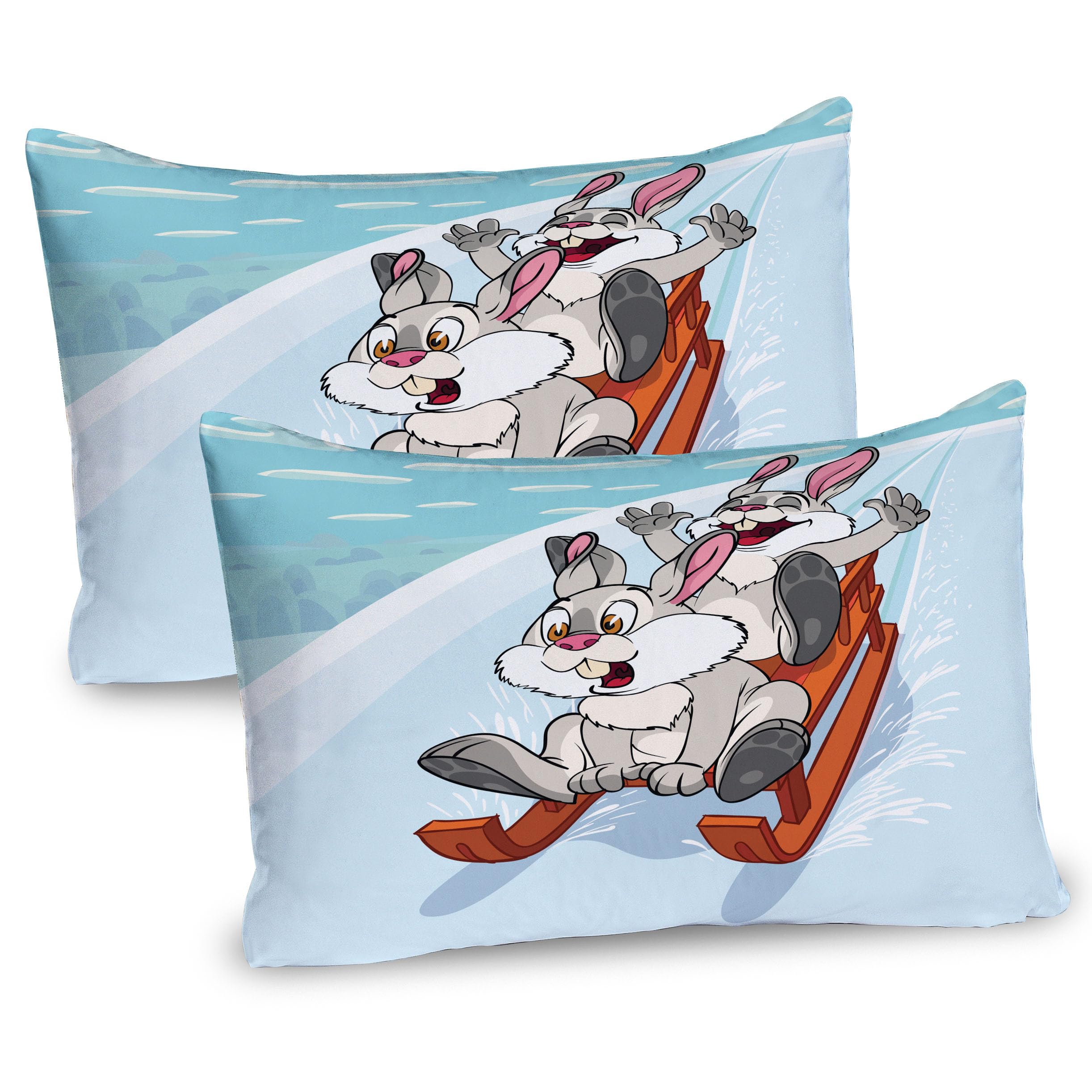 Ambesonne Bunny Pillow Sham Set of 2, Winter Wooden Sled Cartoon Style Compositions of Woodland Animals Theme, Quality Microfiber Bedding Item for All Seasons, 26