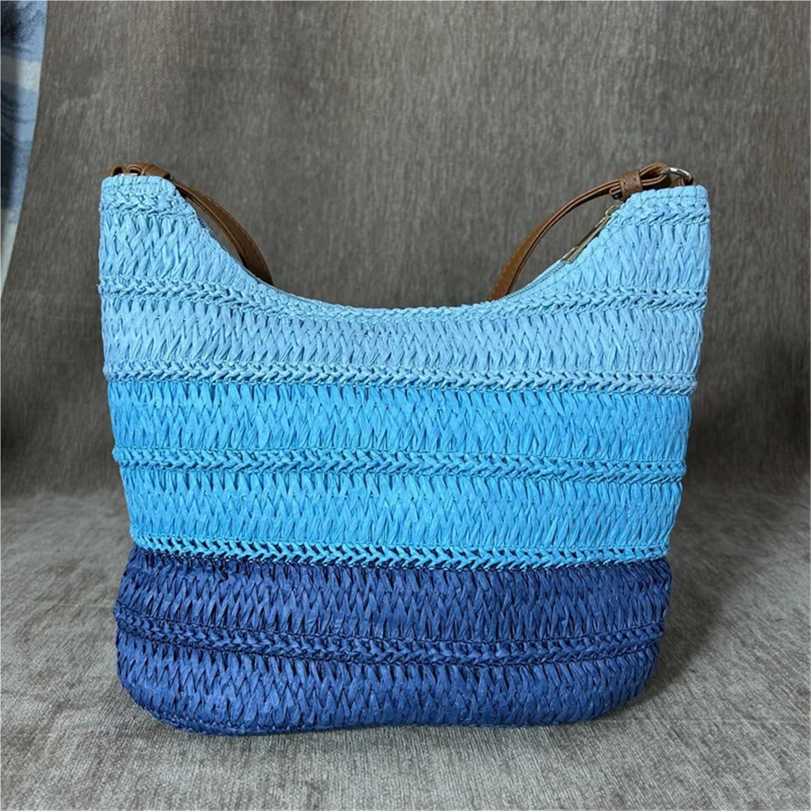 Bolso de Mano Tejido Calado Bolso de hombro tejido rafia a rayas degradadas, bolso Hobo informal verano for playa for mujer