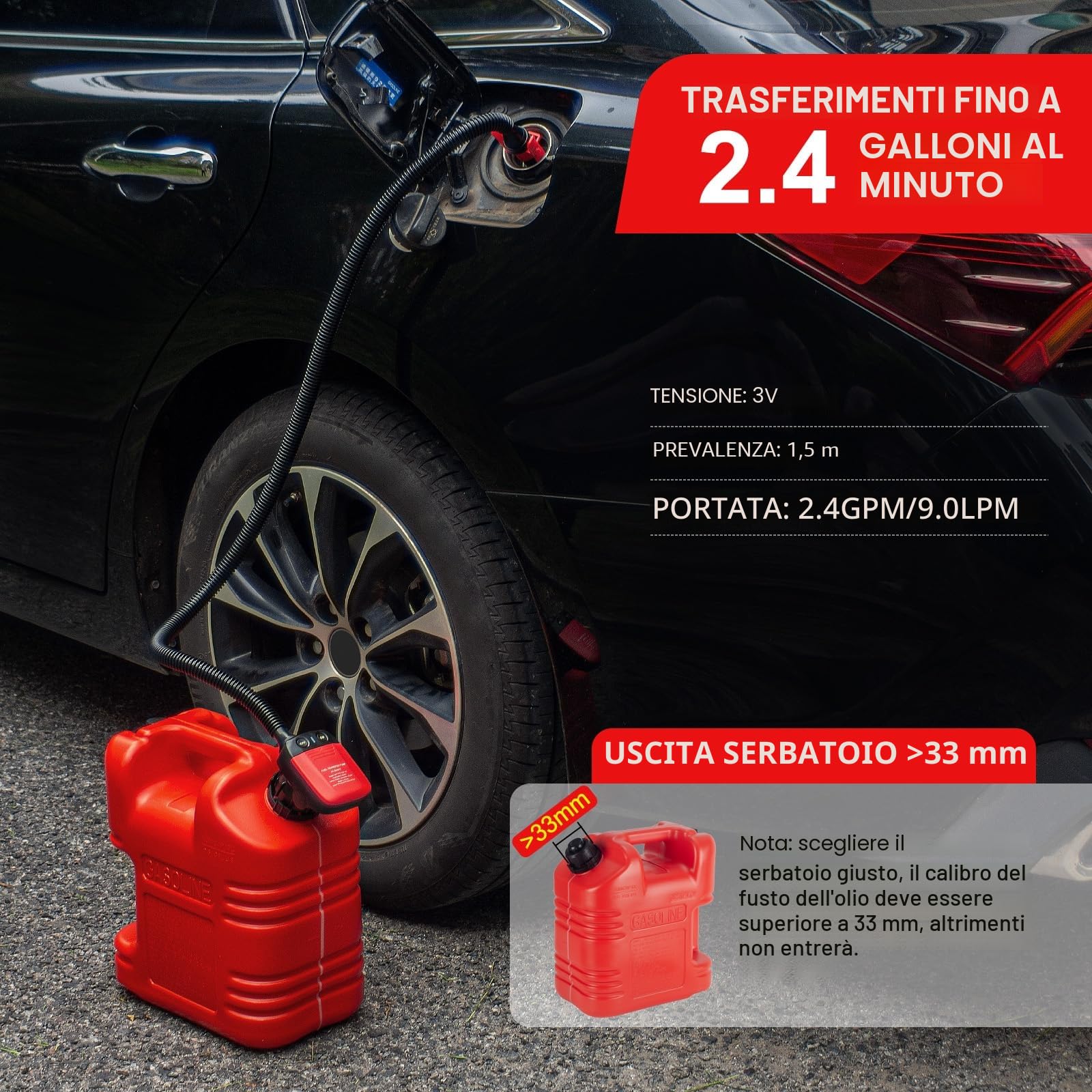 Pompa di Trasferimento del Carburante con Sensore di Arresto Automatico, Pompa Travaso Gasolio Elettrica con Adattatore di 3 Dimensioni-2,4GPM