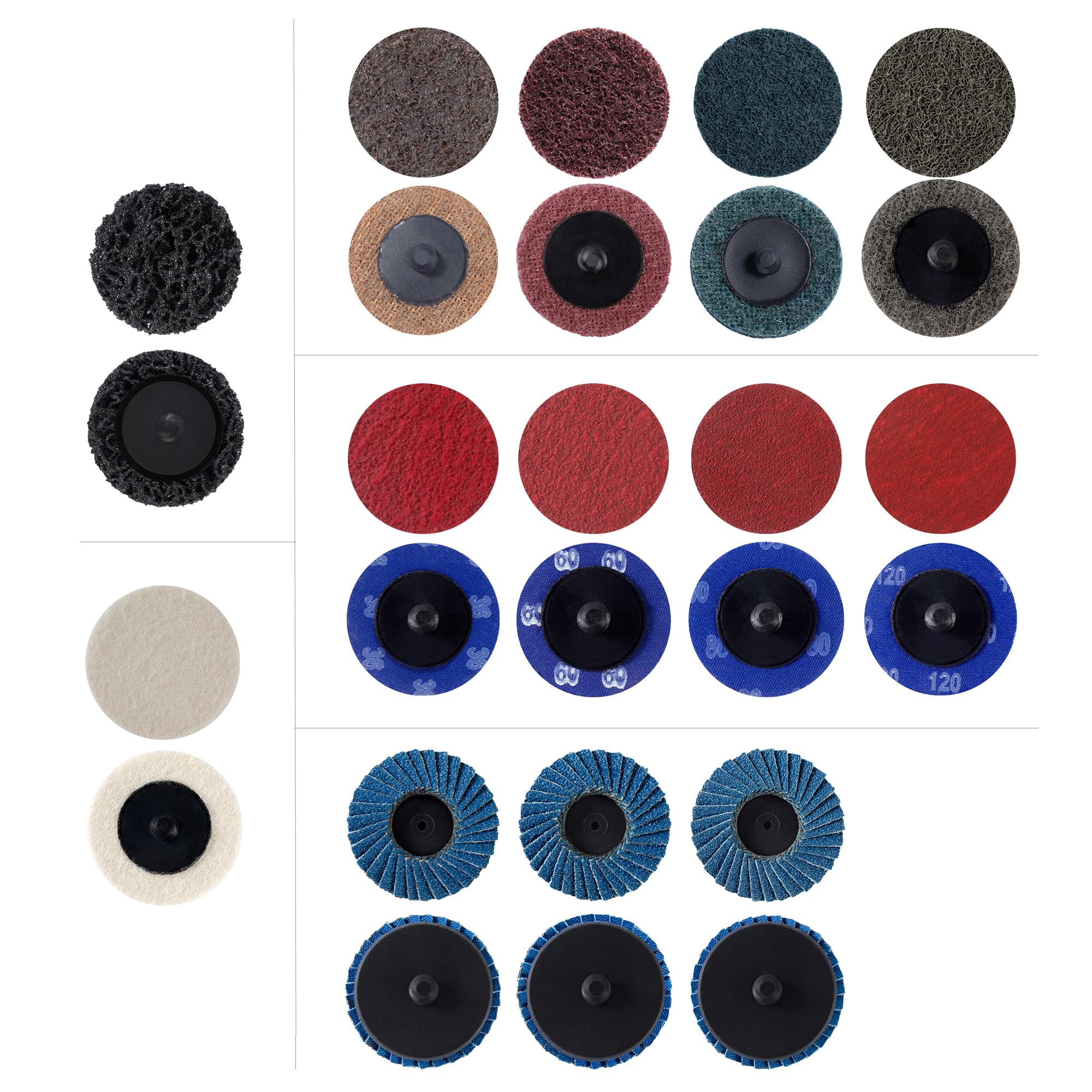 Set di 60 dischi abrasivi da 2 pollici a cambio rapido con supporto per gambo da 1/4" adatto a vari dischi di blocco per smerigliatrice ampiamente utilizzati per condizionamento superficiale,