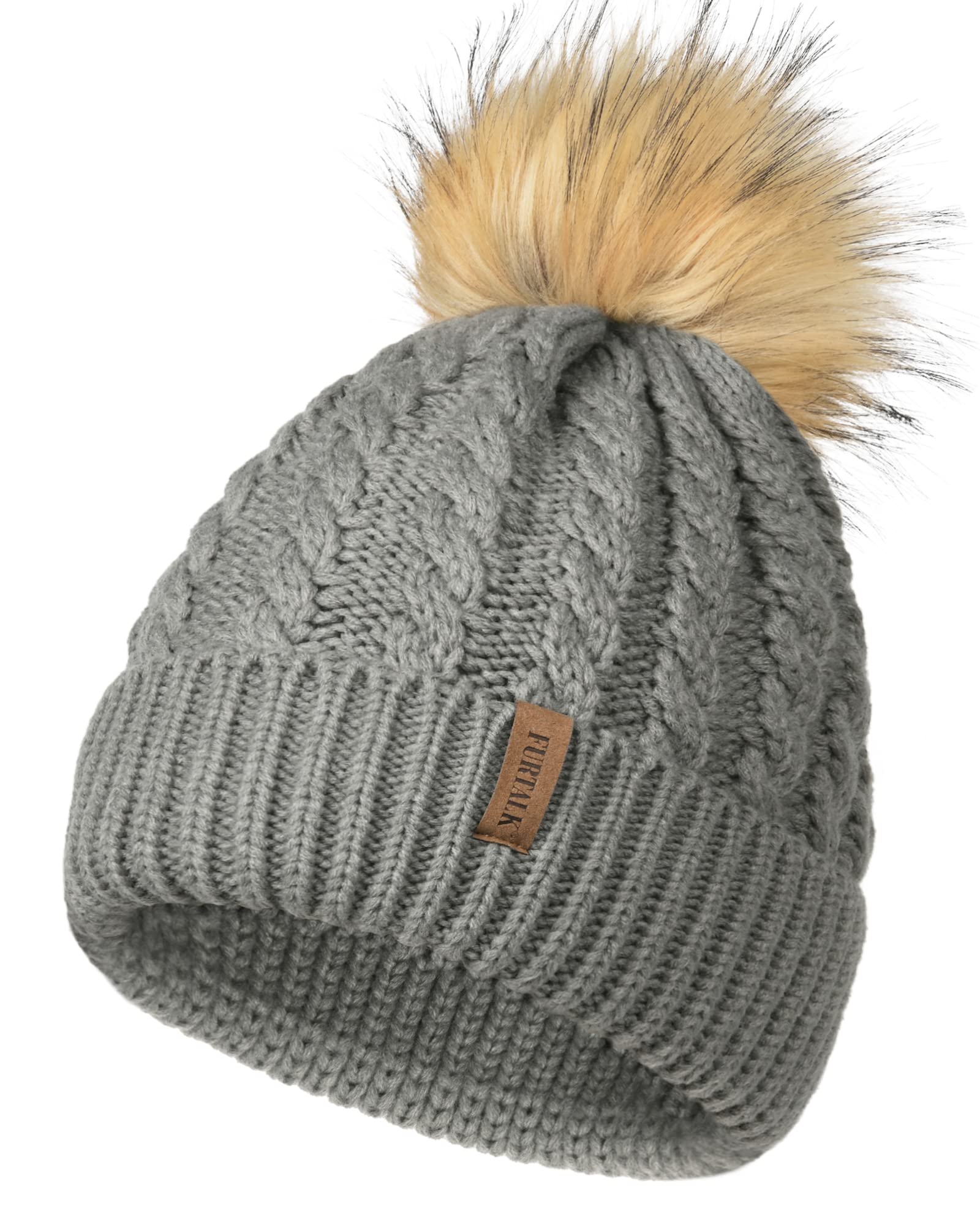 FURTALK Beanie Hat for Women Men Cable Knitted Bobble Winter Hats Warm Double Layer Fleece Lining Pom Pom Wooly Cap
