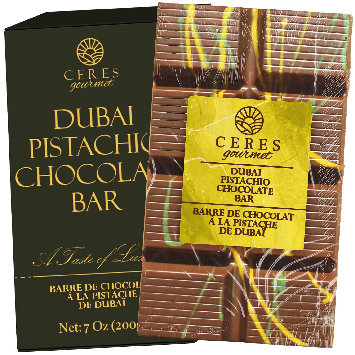 Dubai Crispy Knafeh Chocolate Pistachio Bar 7oz | Famous Dubai Kunafa Chocolate Bar | Crispy Kunafe with Pistachio Paste | Gourmet Dessert Gift