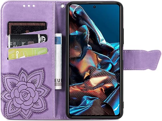 for Xiaomi Poco X5 Pro Flip Case,Butterfly Embossed Flowers PU Leather Magnetic Flip Cover Stand Card Holders Hand Strap Wallet Purse Case for Xiaomi Poco X5 Pro 5G -Light Purple