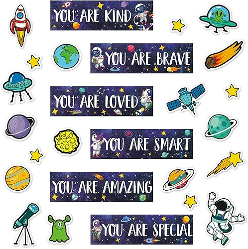 Whaline Juego de 30 pósteres espaciales, citas inspiradoras, planeta, astronauta, cohete, meteoro, juego de recortes de meteoros, tablero de