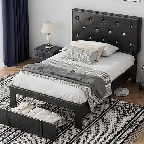 Miniatura 94 de VECELO Base de cama de tamaño individual, plataforma tapizada con cabecera ajustable de diamante, soporte de listones de madera, no necesita somier,