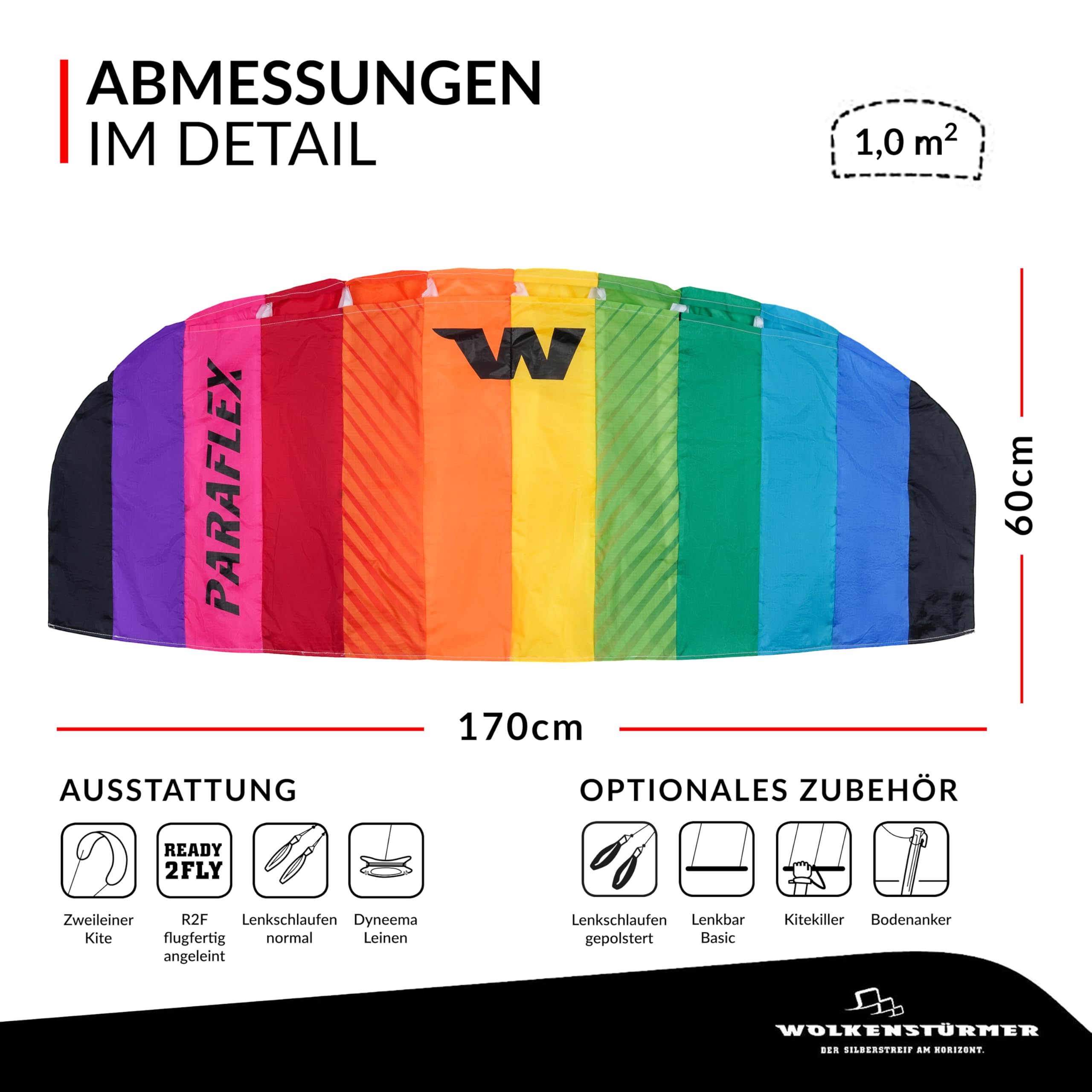 Wolkenstürmer Paraflex Básico 1.7, Arco Iris - Cometa de 2 líneas para Principiantes