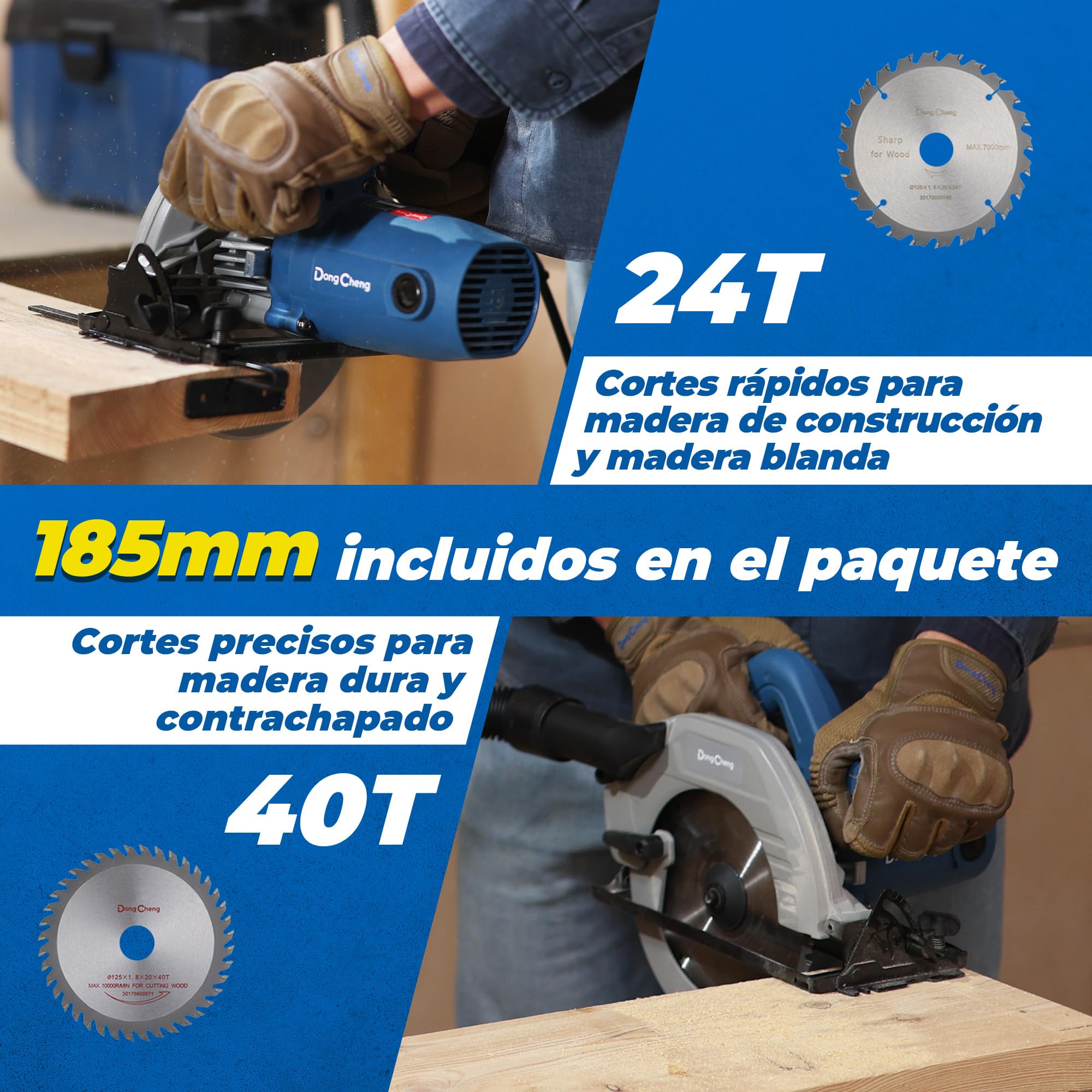 DongCheng Sierra Circular 1500W, Ø185mm, Profundidad de Corte 64mm, 5300 rpm, Inclinación 0-45°, 3 Hojas de Sierra, con Cable | 5300 rpm con 3 hojas de sierra de carburo (24T/40T), tope paralelo y aspiración de polvo para carpintería precisa