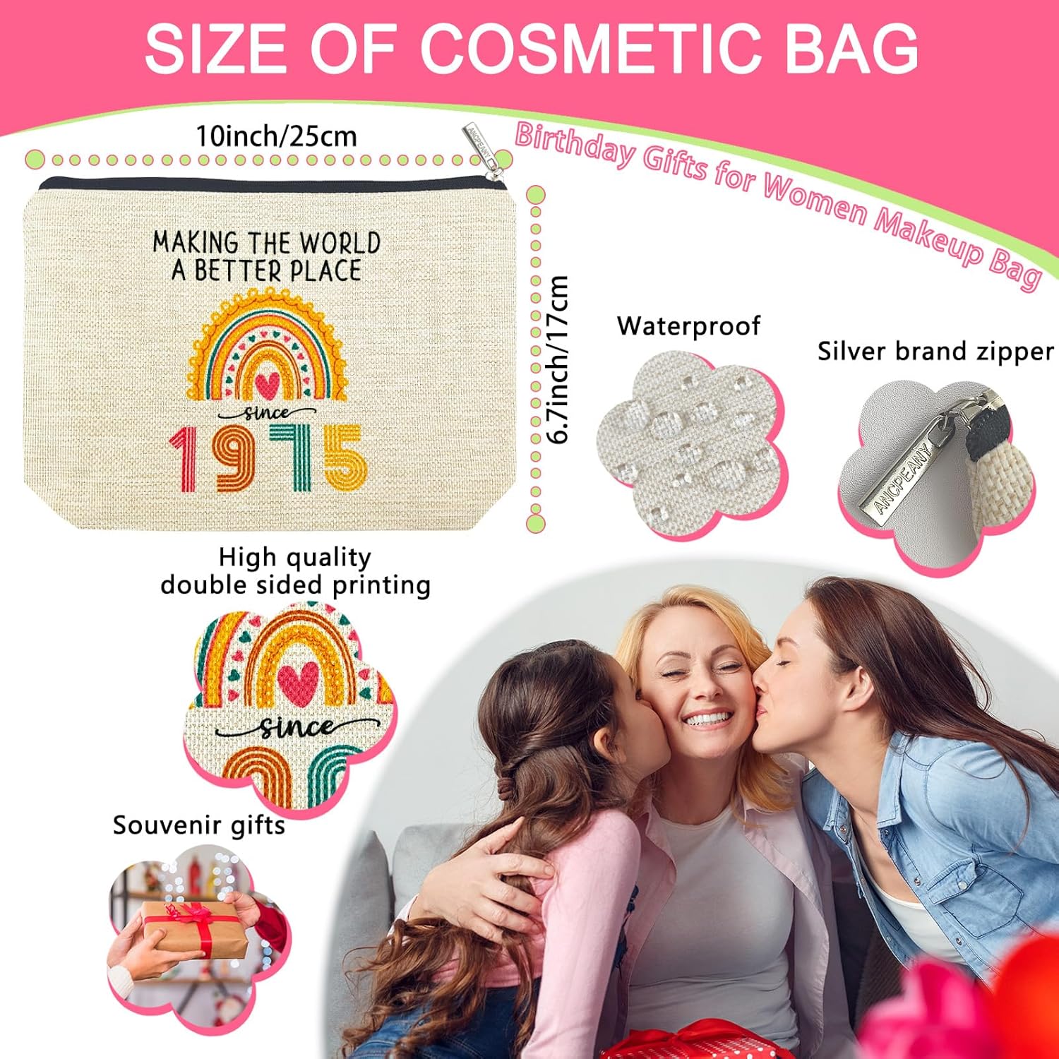 ancpeany Happy 50th Birthday Gifts for Women Her, 50th Birthday Decorations Makeup Bag, Best 1975 Anniversary 50 Year Old Gift Ideas for Wife, Mom, Mothers Day, Christmas, Cosmetic Travel Pouch - Image 2