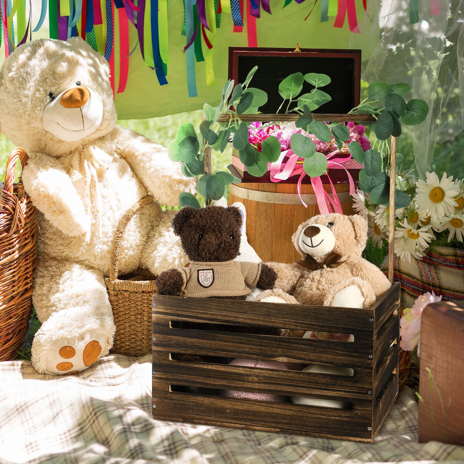 Barydat Drewniana szafa na baby shower, kosz prezentowy dla niemowląt z uchwytem i girlandą, kosz do przechowywania, na baby shower, drewniana skrzynia, kosz na prezenty dla noworodka, dla noworodka,