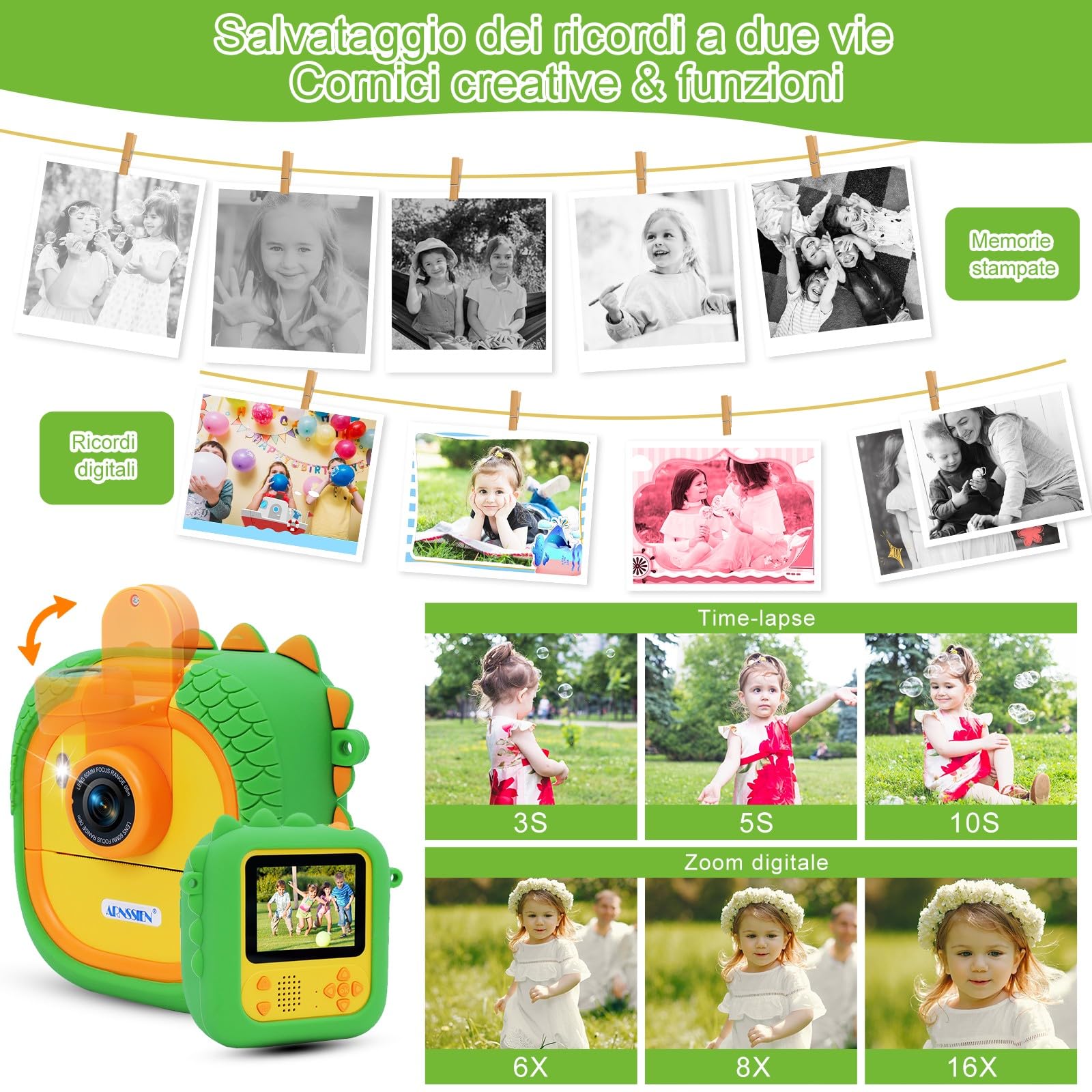 Macchina Fotografica Bambini Istantanea con obiettivo 180°Flip, ARNSSIEN 2,4" Fotocamera Istantanea per Bambini 1080P con 3 Rotoli di Carta da Stampa, Regalo per Bambino per Ragazze Ragazzi da 3-12,M2