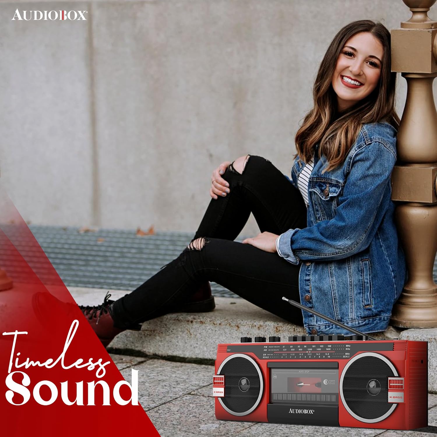 AudioBox Retrobox Bluetooth Boombox Speaker - 2 Way Boombox System with AM/FM/SW Radio, MP3 Playback, USB & SD Card Connection, Cassette Player, Built-in Speaker, 3.5mm Jack, Stereo Sound (Red)
