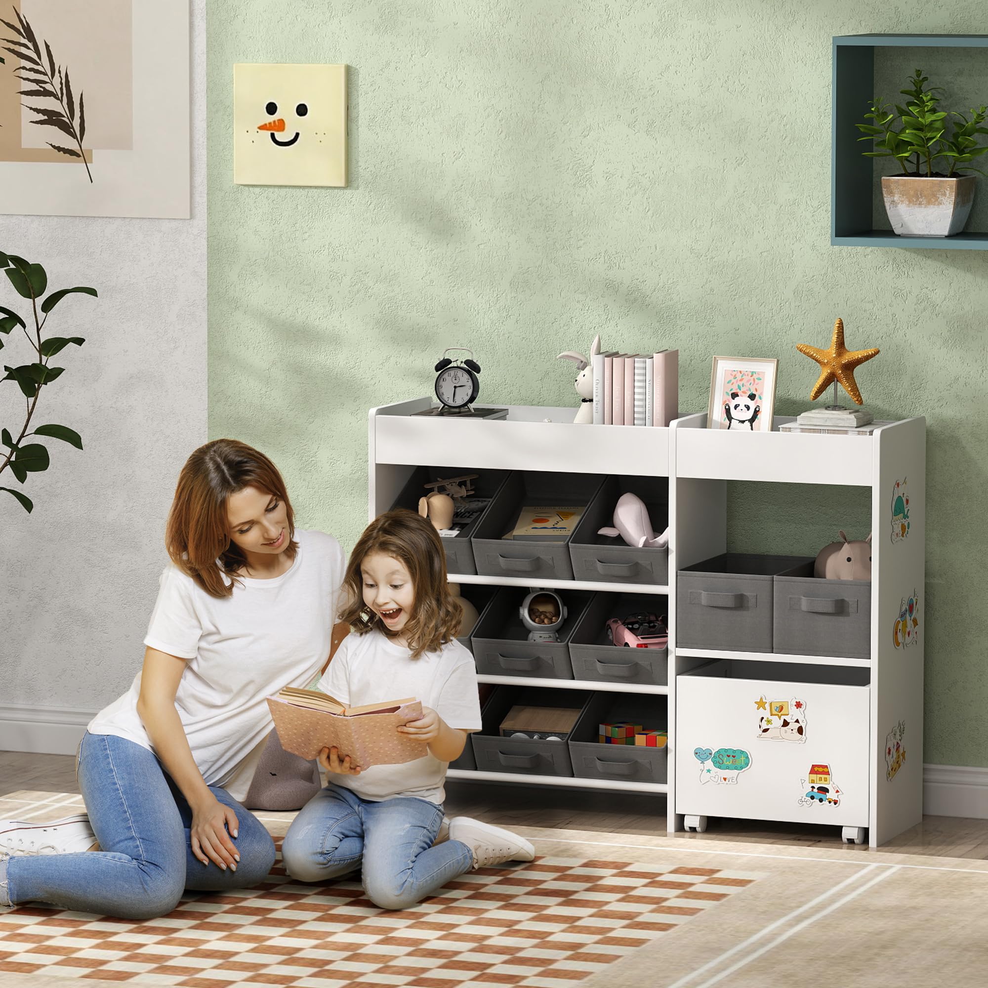 AIYAPLAY Cassetta portagiochi con 11 cestini in tessuto bianco | Unità stoccaggio bambini, libreria, armadio, ripiani, 3 adesivi, cameretta, sala giochi, asilo