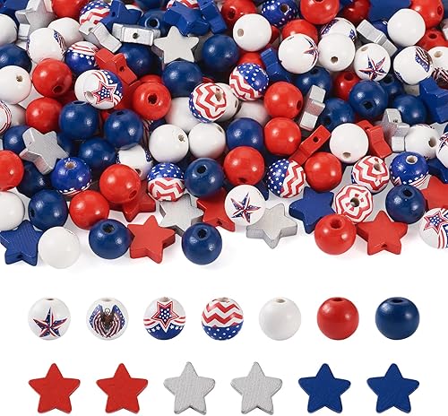 Craftdady 220 cuentas de madera natural del Día de la Independencia de 0.591-0.630 in, cuentas redondas de madera para hacer guirnaldas,