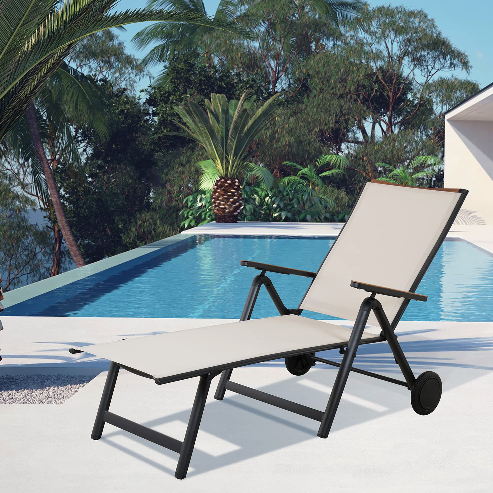 Grand patio Lettino Prendisole con 2 Ruote, Pieghevole Lounger in Alluminio, Regolabili in 6 Posizioni con Braccioli Robusti, Sedia Reclinabile da Giardino per Spiaggia, Patio, Piscina, Prato(Nero)