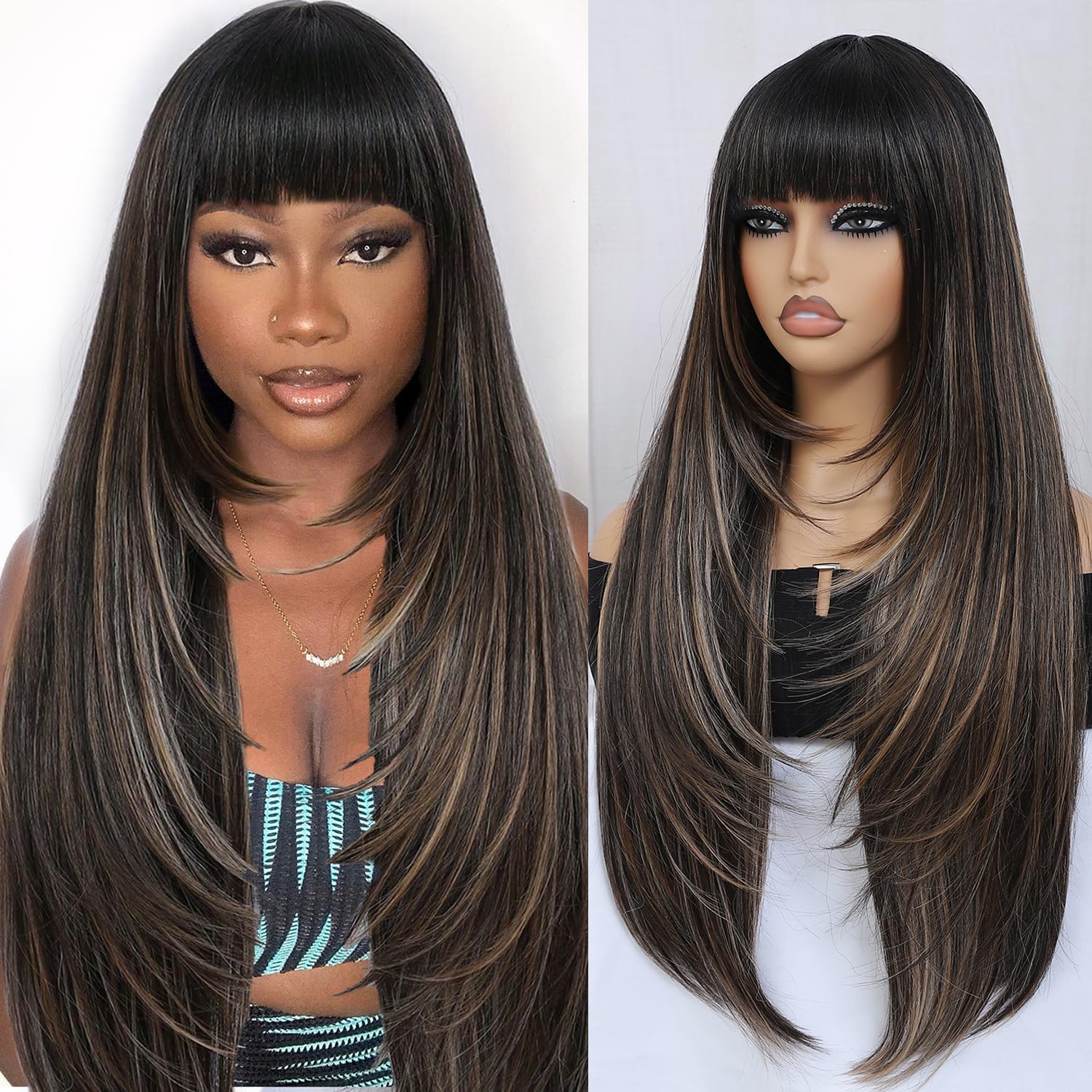 meiliprotea Highlight Brown Long Straight Layered Wig with Bangs, 30 Inch, Synthetic, Glueless, Fashion, Silky, Smooth