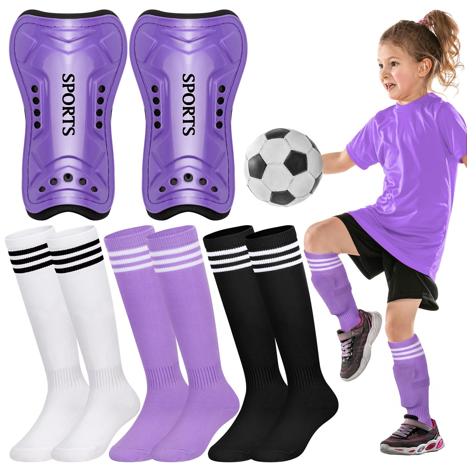 Liliful Juego de 4 espinilleras de fútbol para niños y jóvenes, incluye 1 espinilleras de fútbol con 3 calcetines de fútbol protectores, equipo de fútbol para niñas, niños, adolescentes y niños