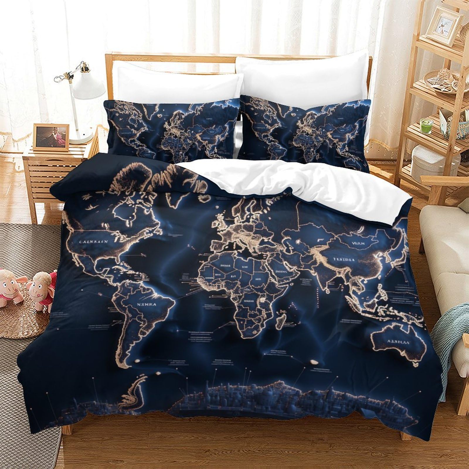 Gxyuaoief Style-5 Map Duvet Cover Modern 3D Theme Comforter Cover Children Bedding Set Bedspread Cover Breathable Soft Microfiber Bedding Set, Decorative Room 3Pcs Set Quilt Cover King（220X240cm）