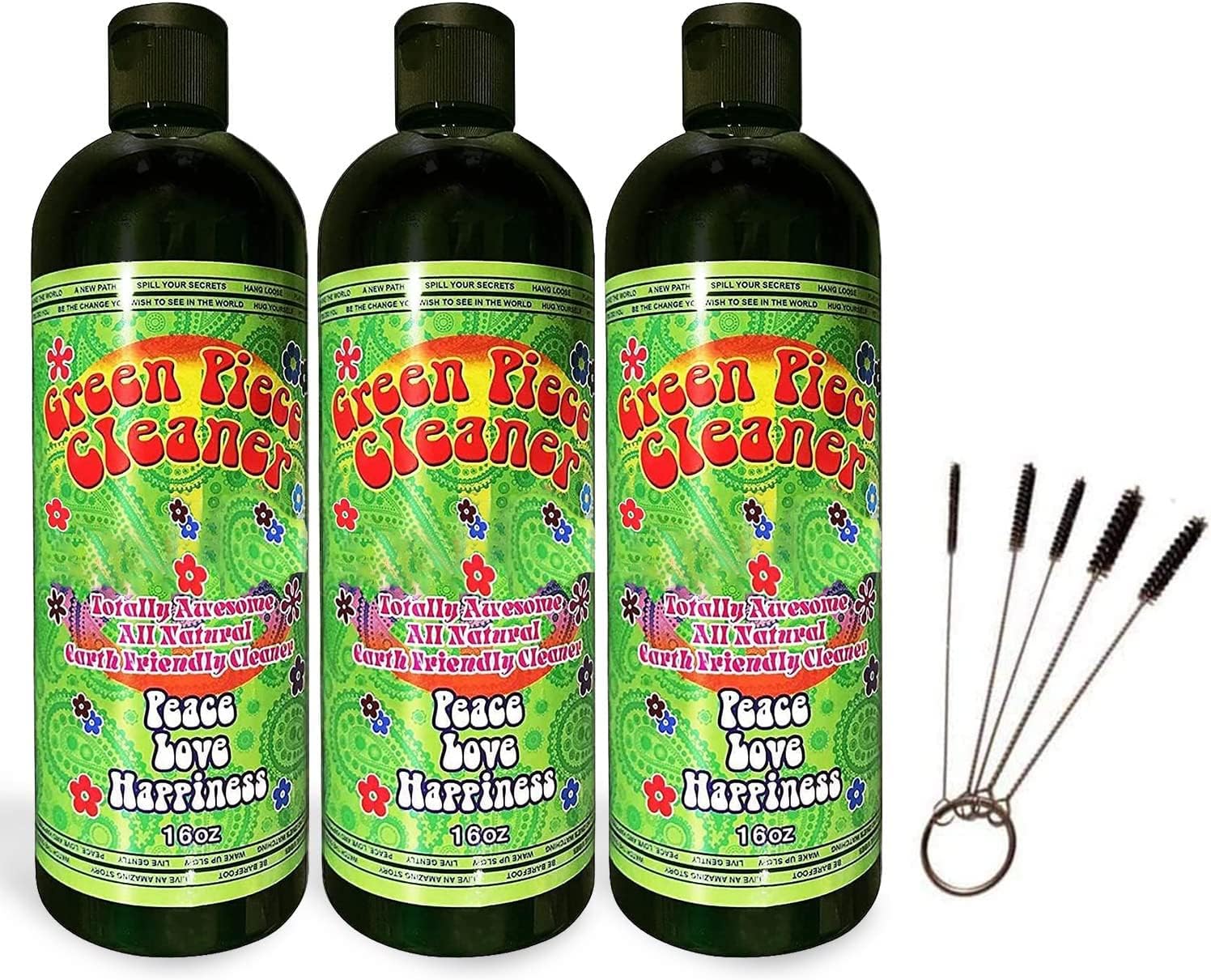 Green Piece® Glass Cleaner 3 Bottles (Made in USA) -16 oz and 5 Piece Mini Metal Nylon Tube Piece Cleaner Brush Set with Keychain Ring Combo