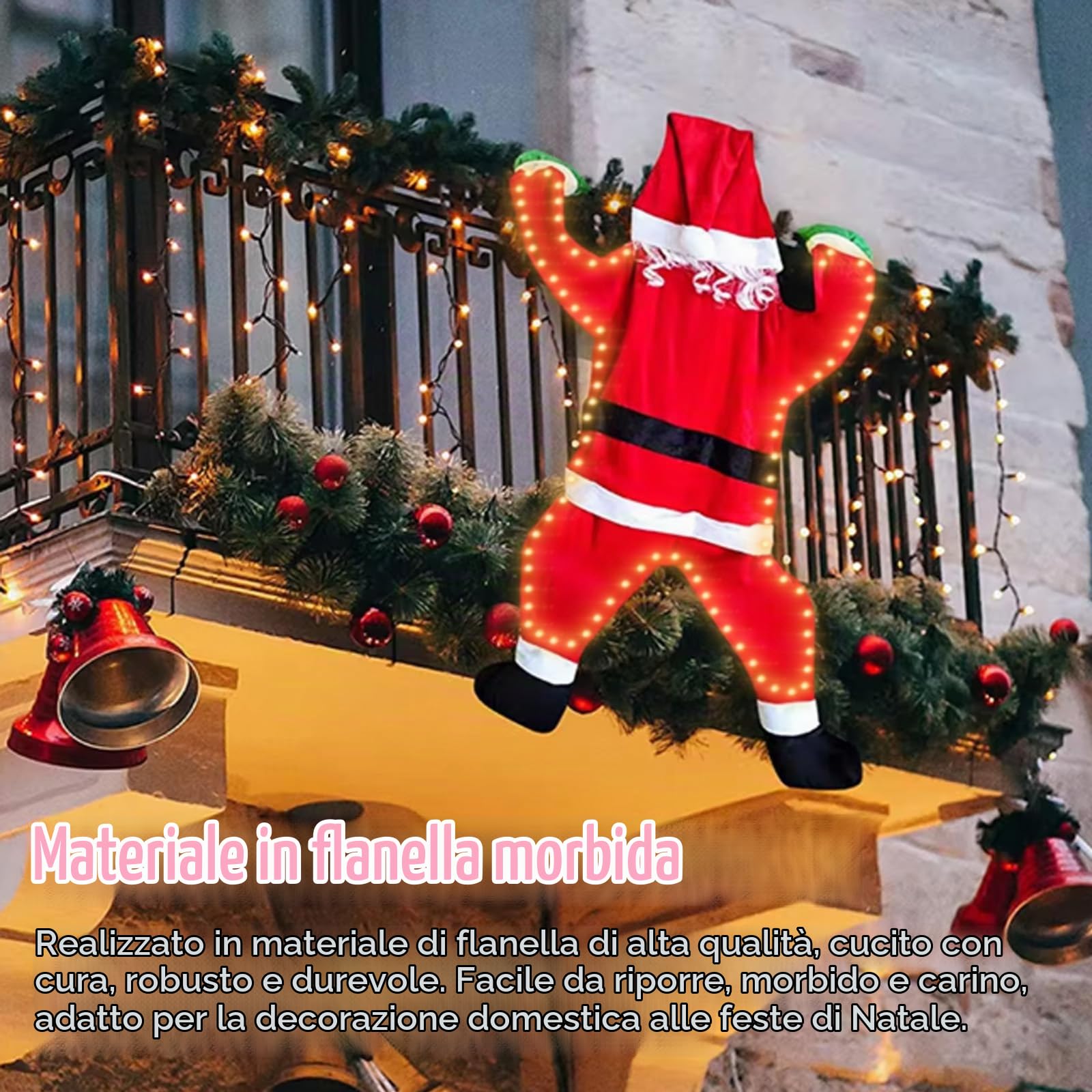 Babbo Natale Sospeso, Decorazione Natalizia da Parete da Arrampicata Luci LED per Interni Esterni