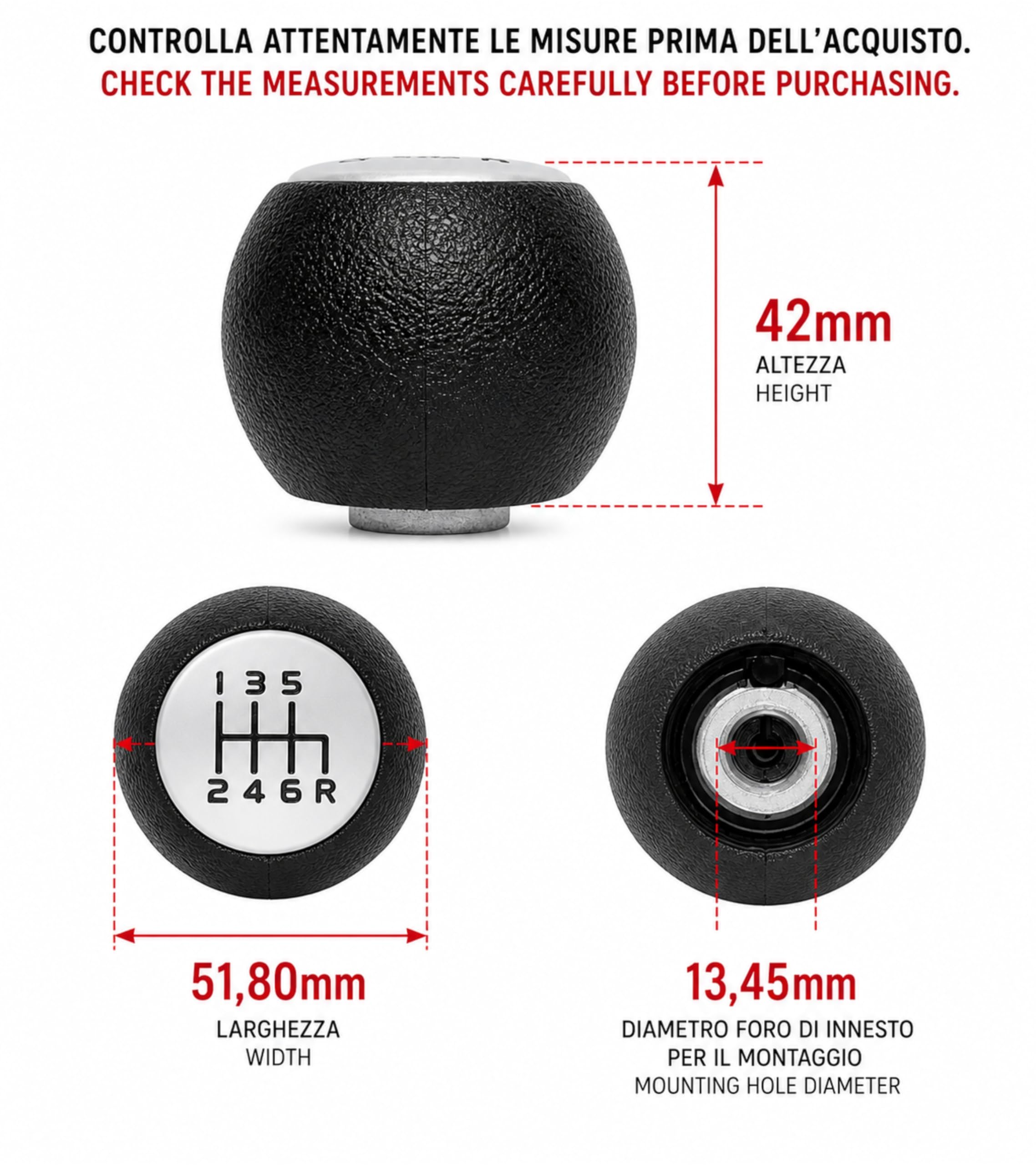 1neiSmartech Pomello Leva Cambio 6 Marce Compatibile con Fiat Sedici (189 FY) 2006-2014 Filettato in Metallo, Retromarcia Basso Destra, Nero con Lente Opaca Grigio Argento