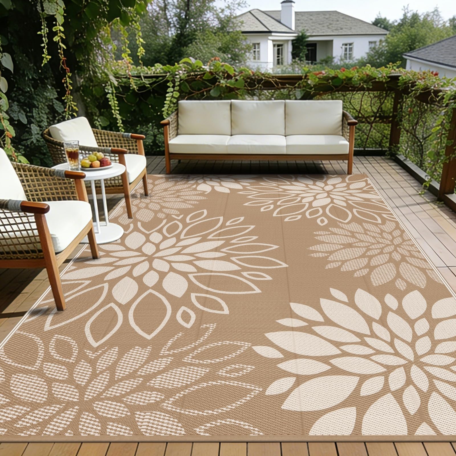 SHACOS Outdoor Rug 270 x 360 cm Large Reversible, Garden Rug Waterproof Patio UV Resistant Lightweight, Plastic Straw Mat for Patio Balcony Camping Backyard Beach, Flower, Brown โ image 1