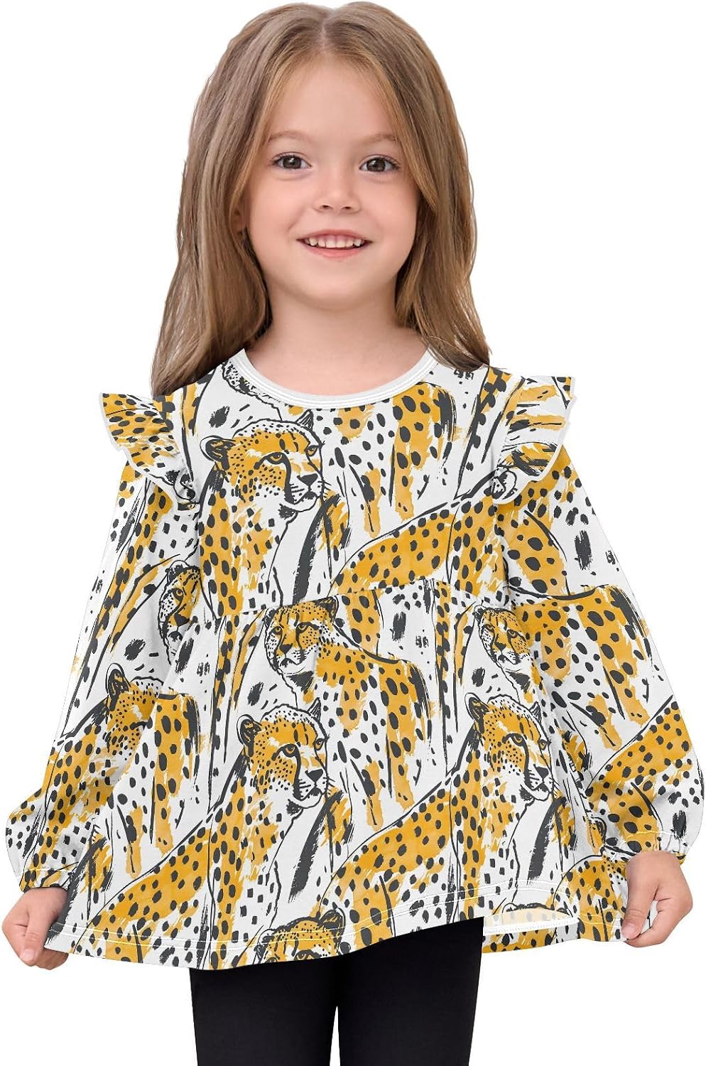 visesunny Toddler Clothes for Girls Hand-Drawn Cute Cheetah Long Sleeve Fall Shirts Cotton Top with Ruffle Collar