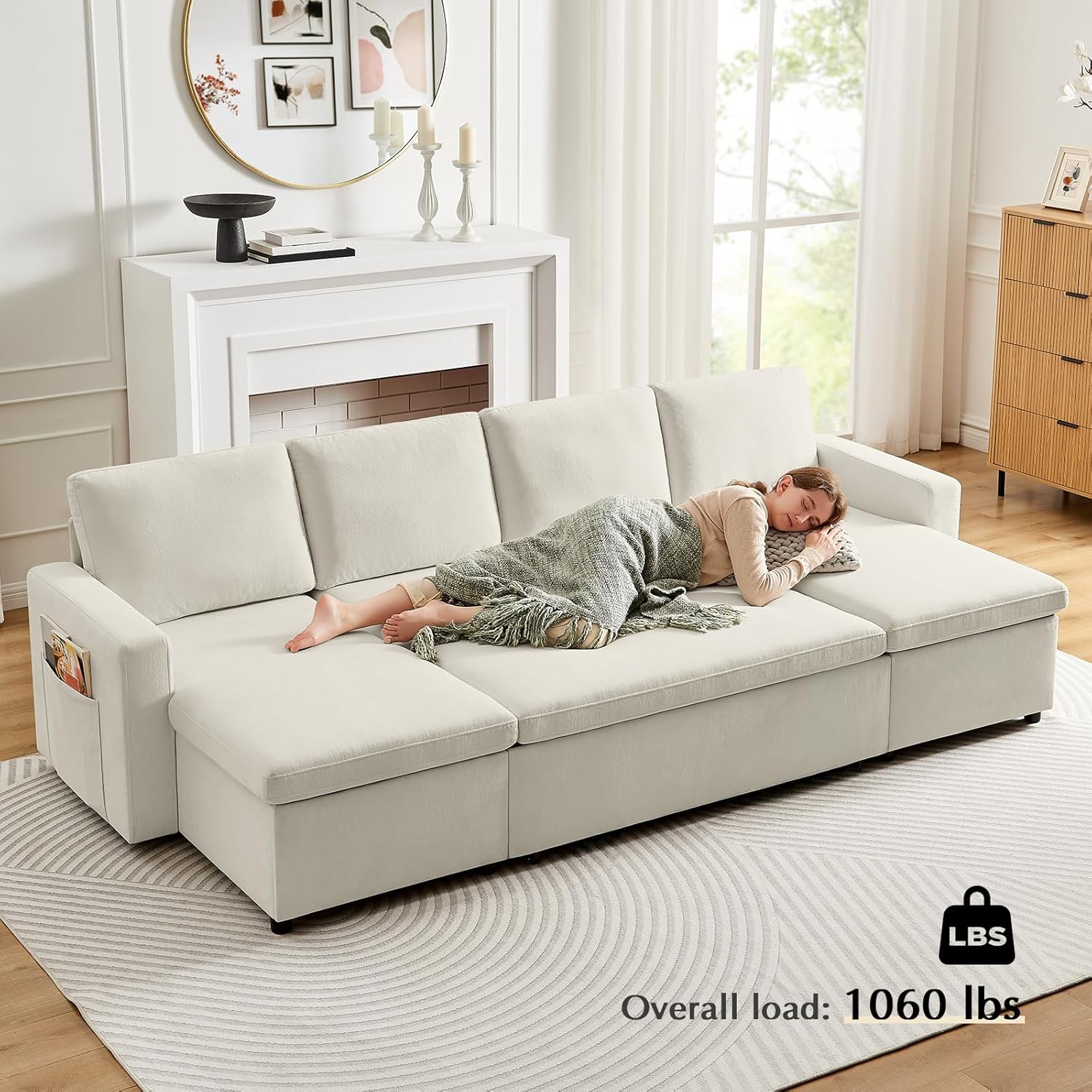 A person comfortably lying on the Pilita sofa bed, with an overlay indicating an 'Overall load: 1060 lbs' to demonstrate its robust weight capacity.