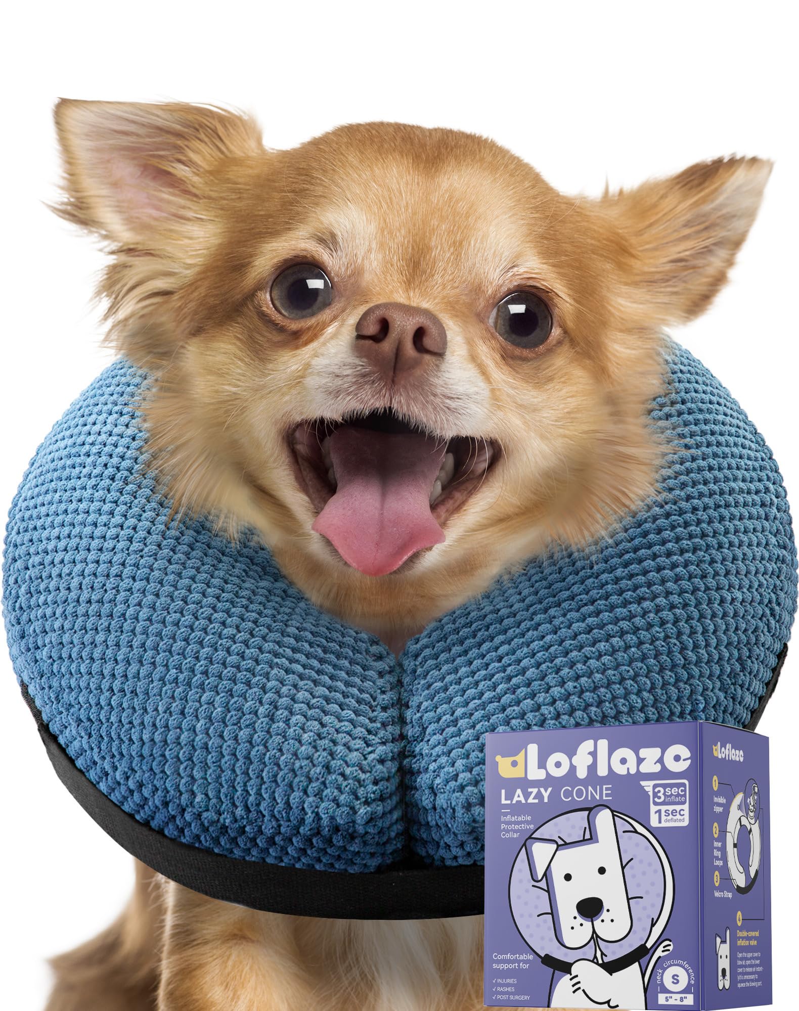 Loflaze Inflatable Dog Cone Collar - Dog Neck Donut Cone Collar Alternative After Surgery - Soft Cone for Large Medium Small Dogs Cats - Alternative Recovery E Collar (Blue, S)