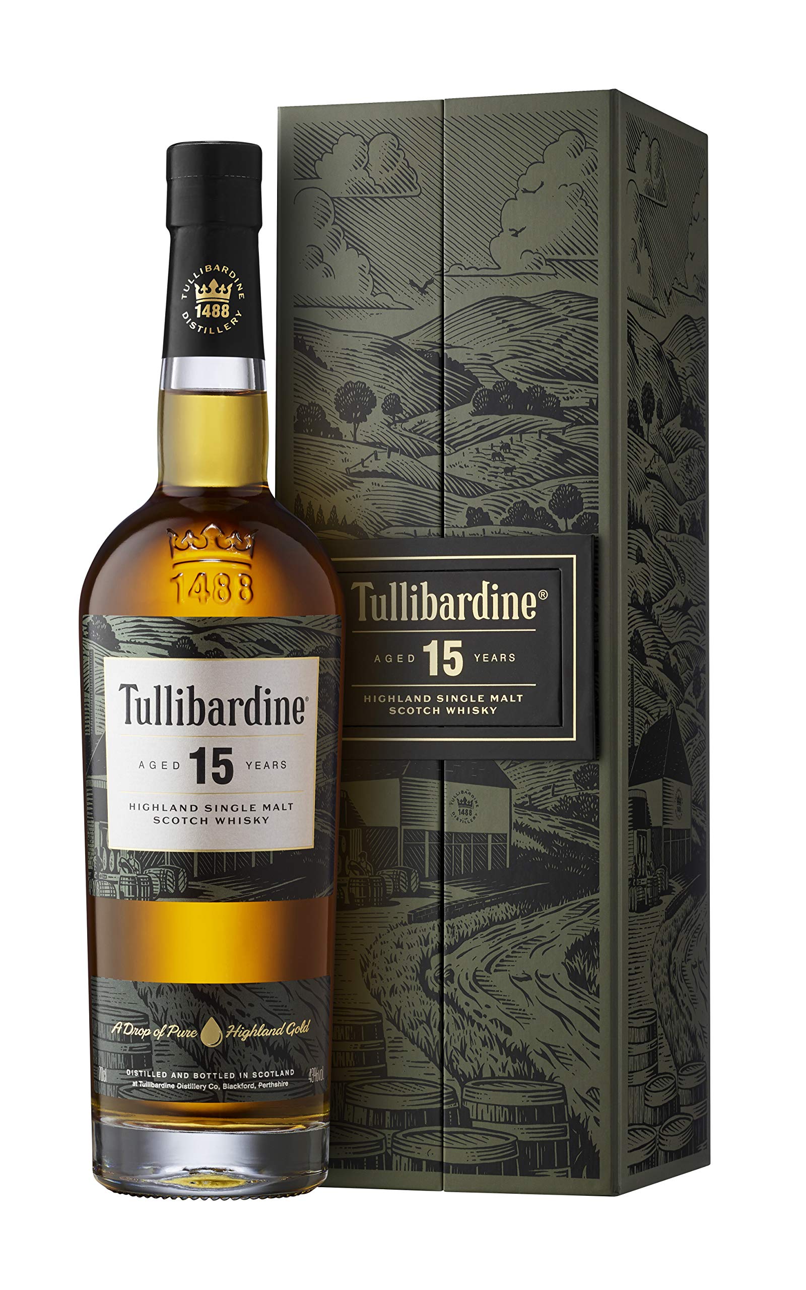 Tullibardine 15 Year Old | Highland Single Malt Scotch Whisky | 70cl | 43% ABV | Smooth, Rich & Complex | Matured in first-fill Bourbon Casks | Scotch Whisky With Gift Box