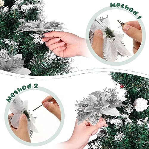 Miniatura 5 de TOYANDONA 12 flores de Pascua de Navidad, flores de pascua artificiales con purpurina, decoración de corona para fiesta en el hogar, árbol de