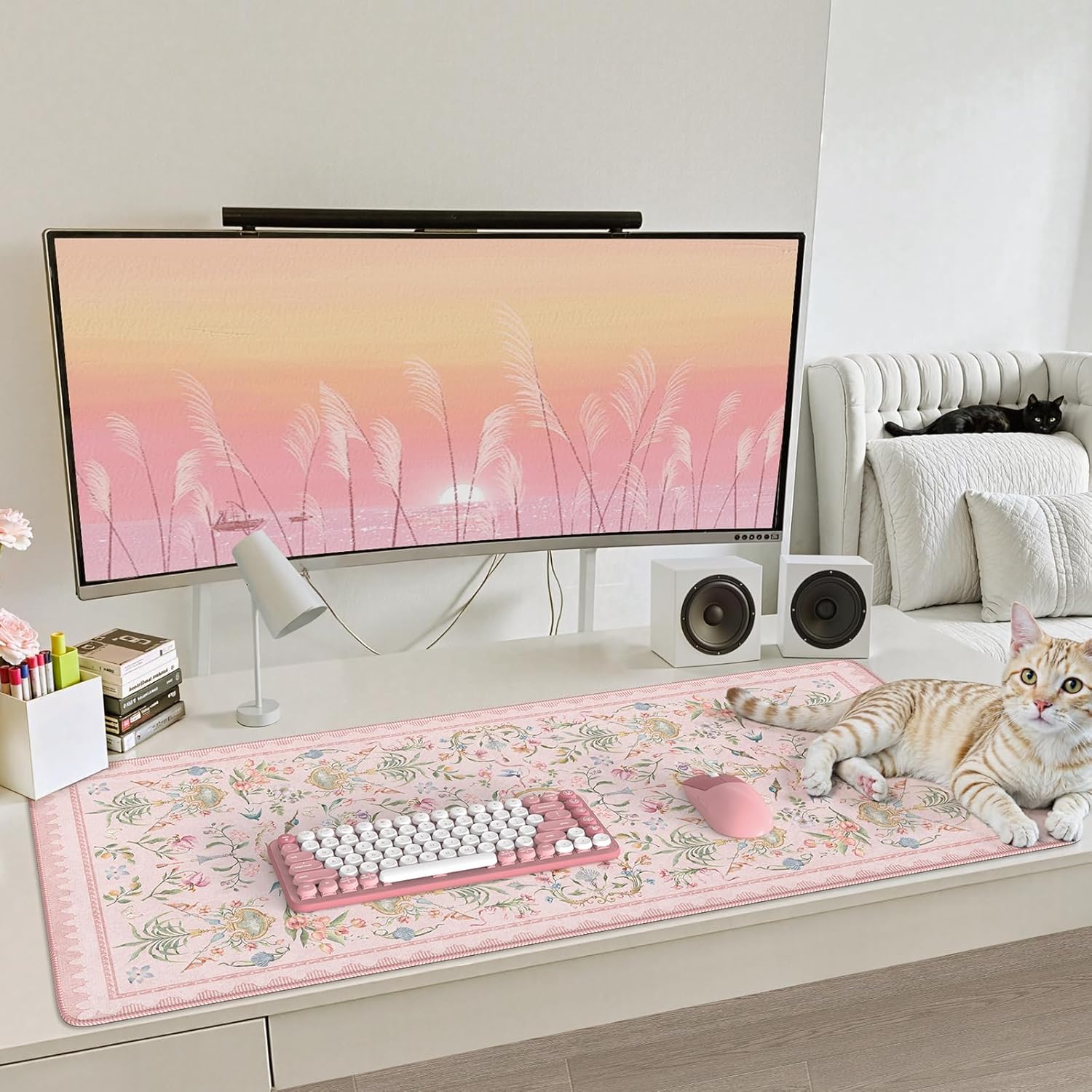 iCasso Pink Desk Cover Mat,Big Mouse Pad for Laptop,Aesthetic Computer Pad with Stitched Edges,Non Slip Keyboard Mat for Desktop,Cute Floral Desk Protector for Office Home Dorm - Image 5