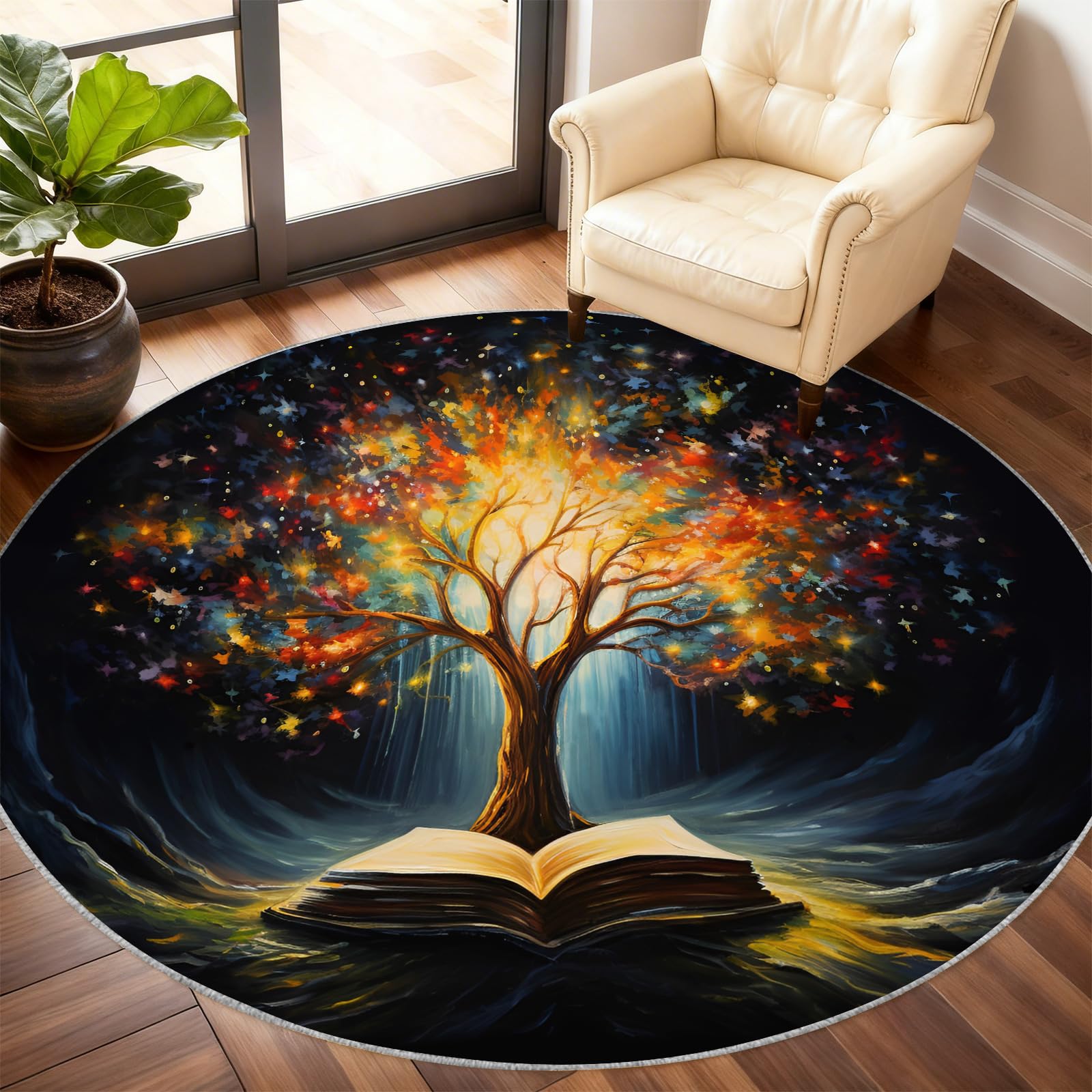 Tapis rond Arbre de Vie antidérapant et lavable en machine pour salon et chambre