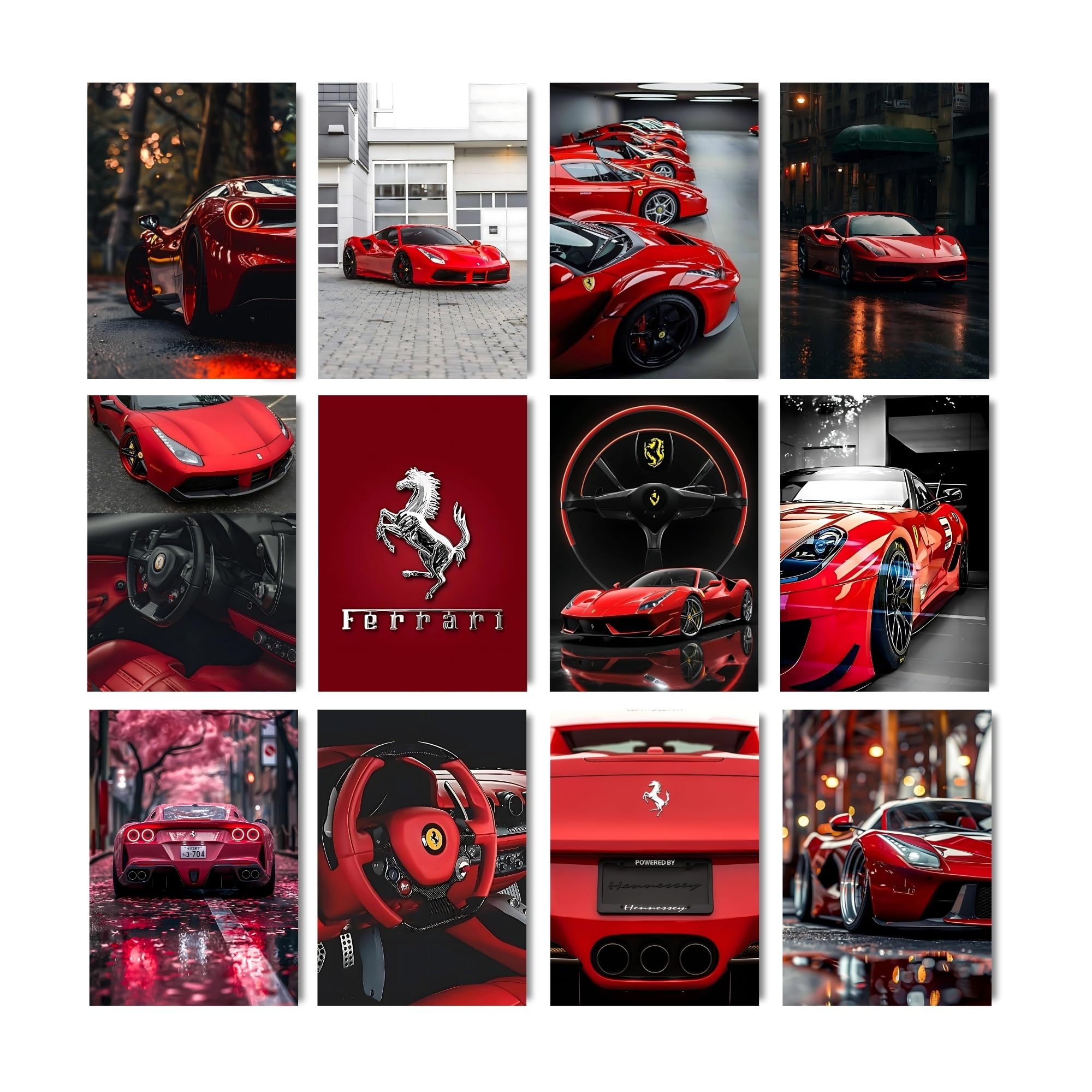 Posters Inc Set of 12 Ferrari Car Posters for Wall, Home Decoration Items for Living Room, Aesthetic Wall Stickers for Bedroom, Birthday Gift for Men, 300 GSM A4 Size Paper, Glue Dots Included