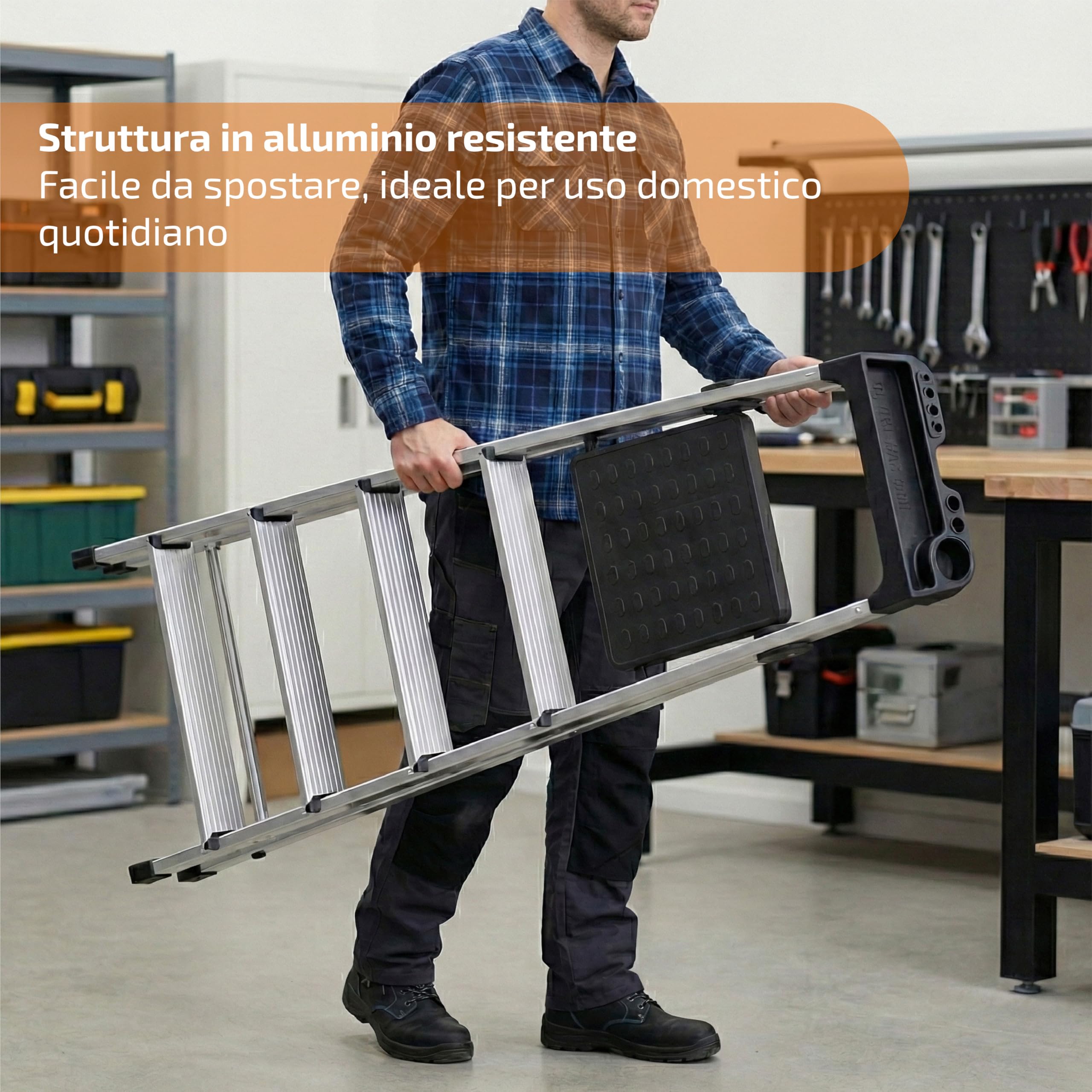 Scala Pieghevole in Alluminio a 5 Gradini con con Vassoio Portautensili Integrato || EN 131 || Portata 150kg || Struttura Robusta e Leggera per Casa, Ufficio e Fai da Te