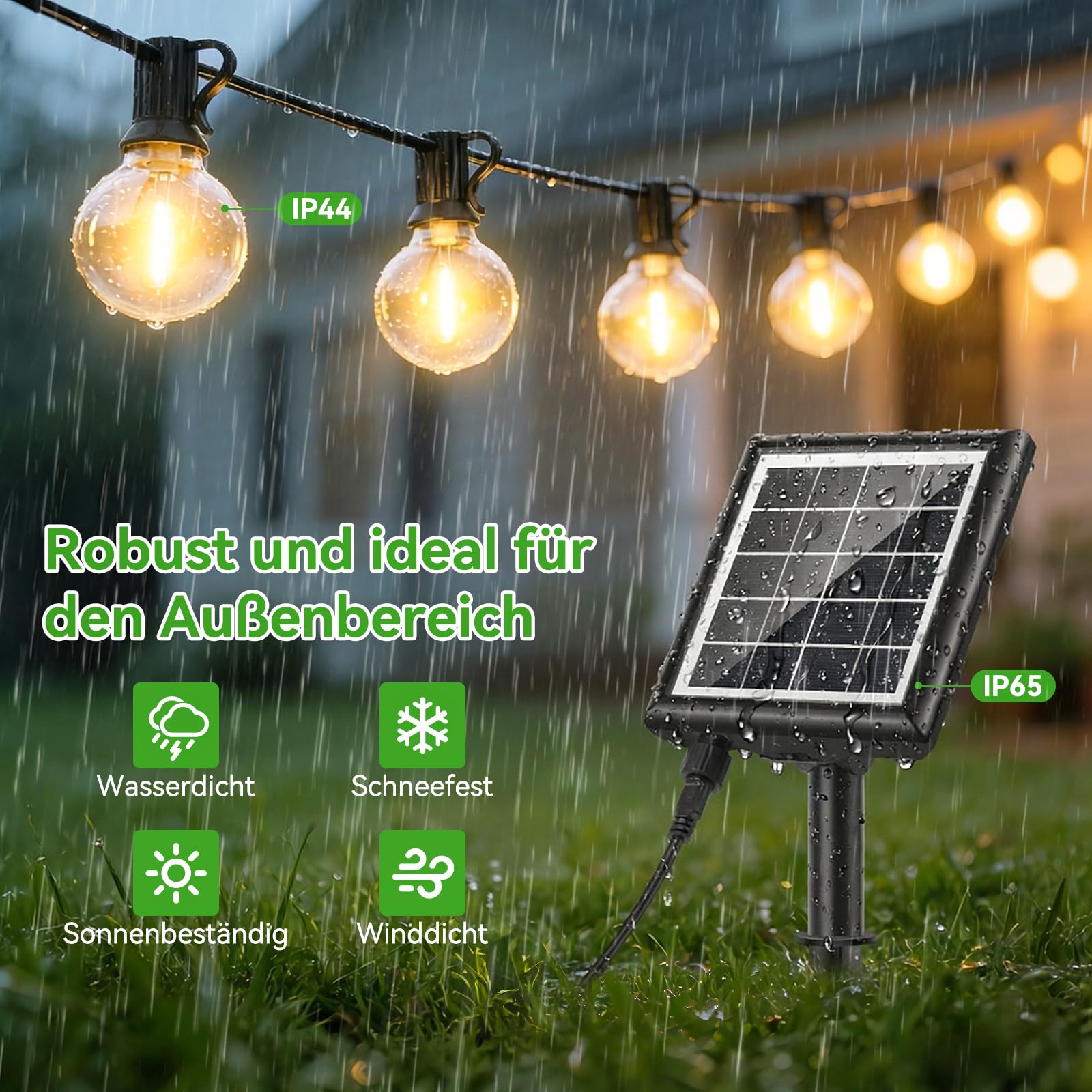 Solares Lichterkette für den Außenbereich, Solar-Lichterkette mit Fernbedienung, dimmbar, für den Außenbereich, Garten, G40, für Balkon, Terrasse, Hochzeit, Party (Solar-30M)