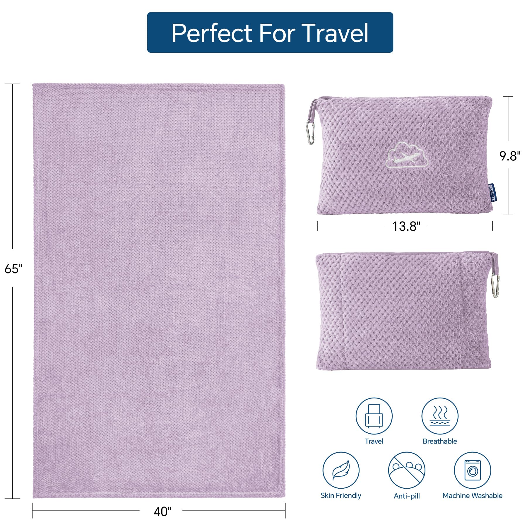 BEDELITE Travel Blanket with Bag, Jacquard Fleece Blanket 65"x40", Lavender view 3