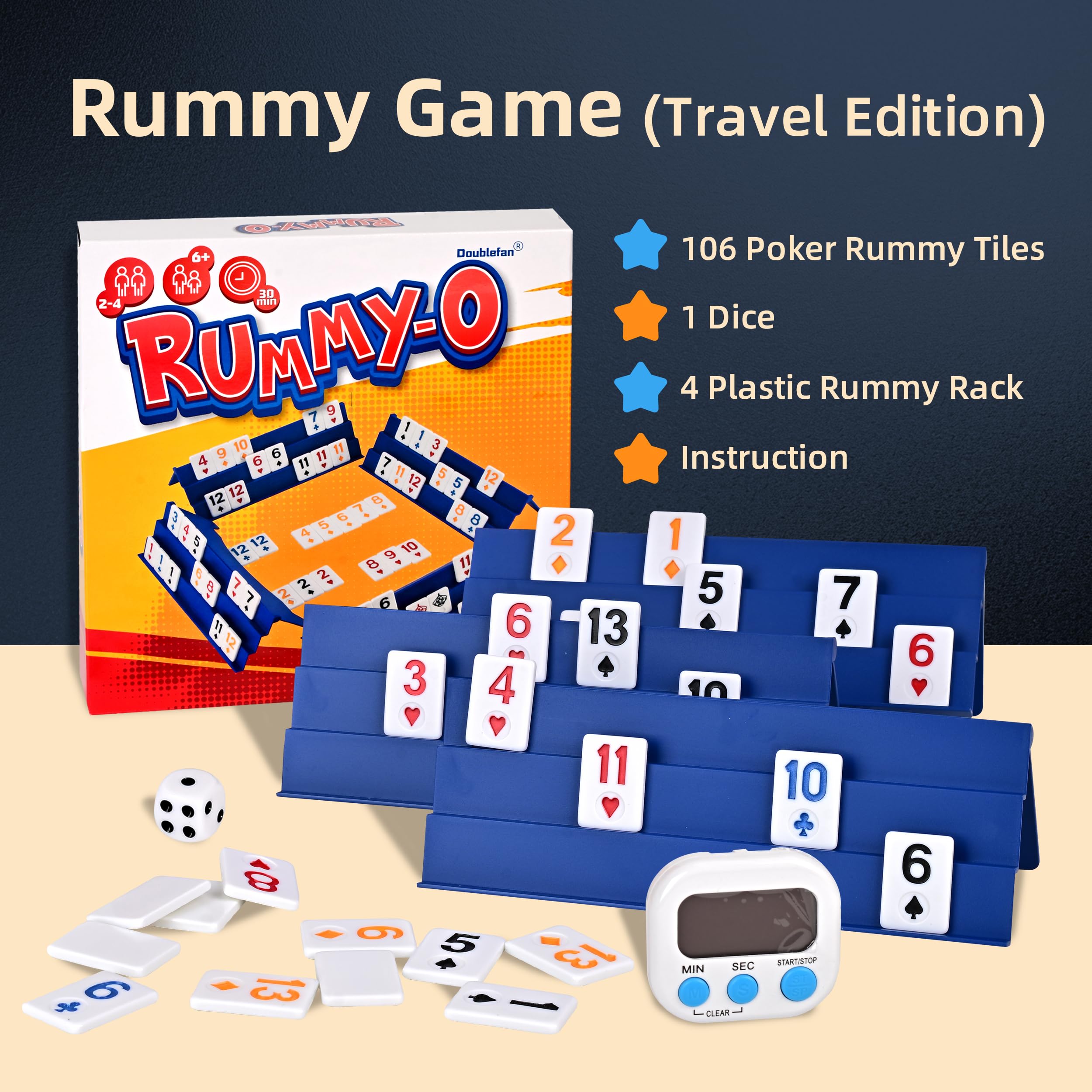 Doublefan Jeu de rami amélioré - Rummy-O avec couleur unique - Jeu de société original classique pour adultes et enfants, 106 carreaux, 4 supports de jeu, 1 minuterie, 1 dé (2 à 4 joueurs)