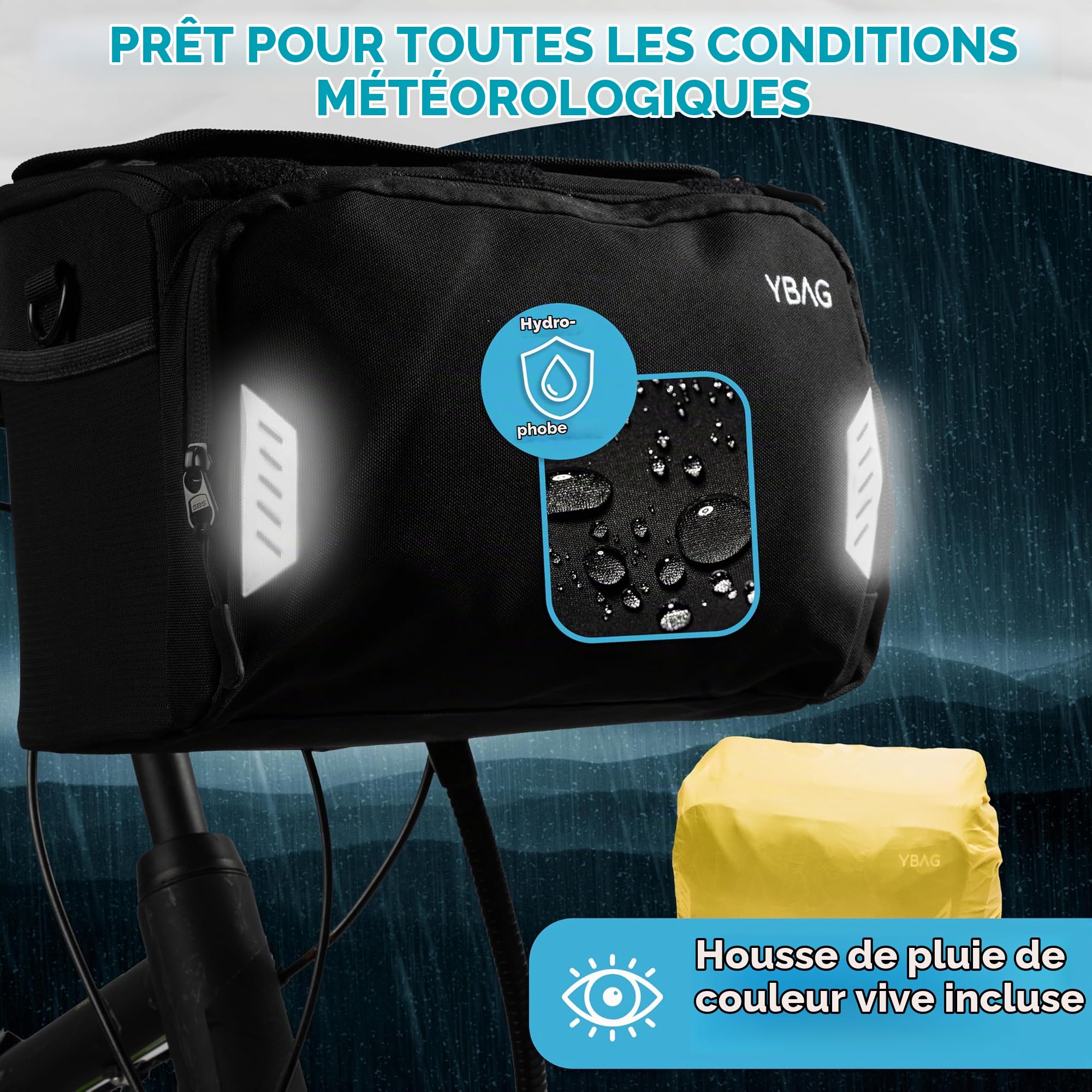 YBAG - Sacoche de guidon de vélo durable compatible avec KLICKfix (convient pour vélo électrique) - Grand volume et de nombreux compartiments - Imperméable avec housse de pluie