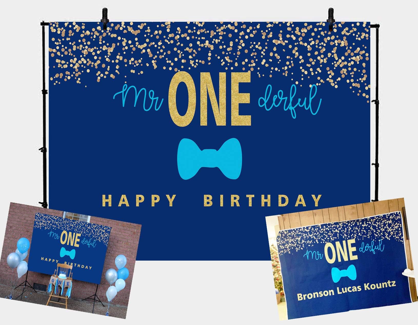 GYA 5x3ft Boys 1st Birthday Mr. Onederful Backdrop Blue Bow Tie Theme Glitter Sequin Spot Little Man First Birthday Banner
